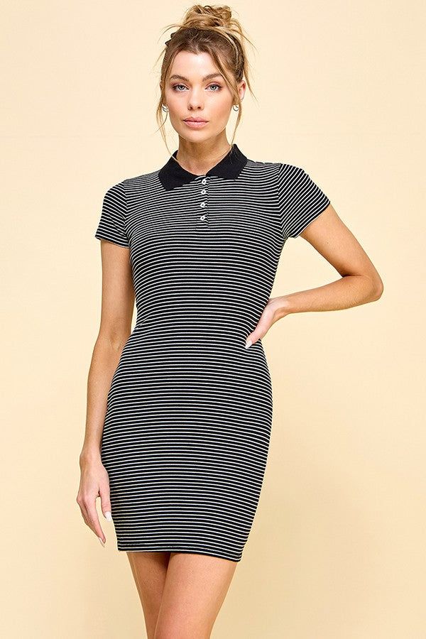 Black White Rib Stripe Polo Shirt Dress sold by Pinkblush