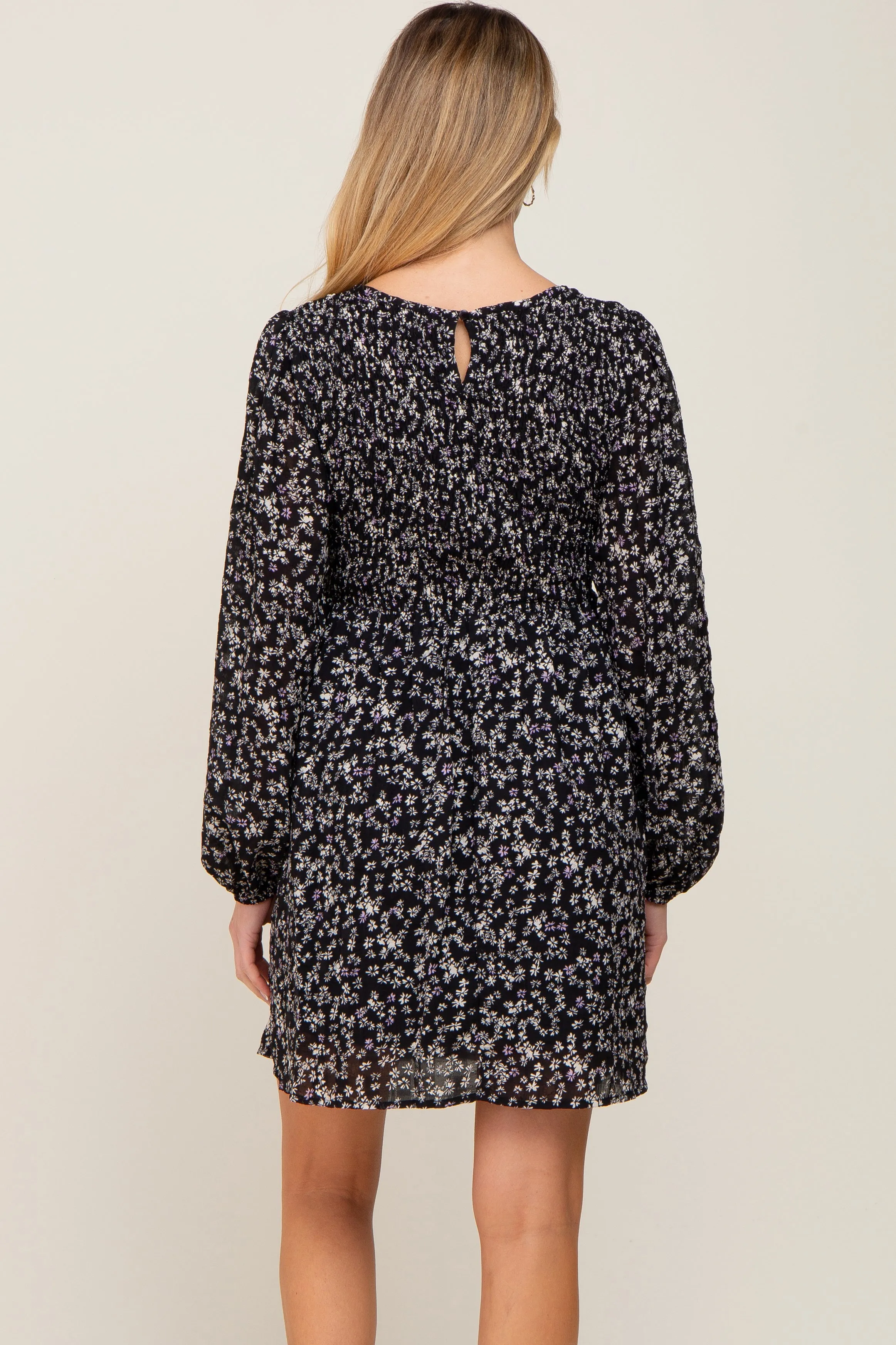 Black Floral Smocked Long Sleeve Maternity Dress sold by Pinkblush product image thumbnail 3