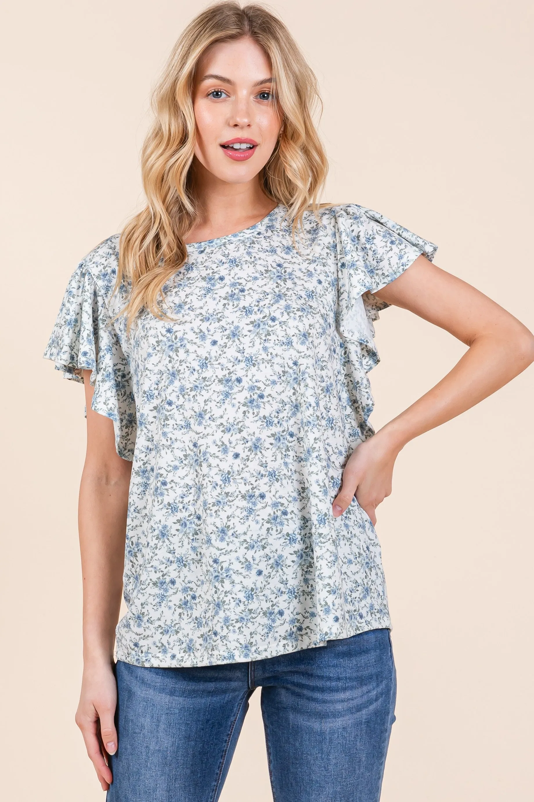 Blue Floral Ruffle Sleeve Blouse sold by Pinkblush product image thumbnail 2