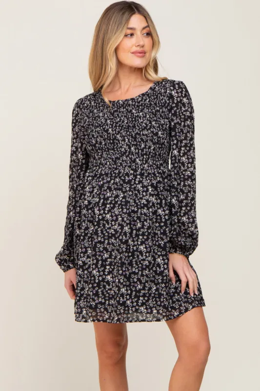 Black Floral Smocked Long Sleeve Maternity Dress sold by Pinkblush