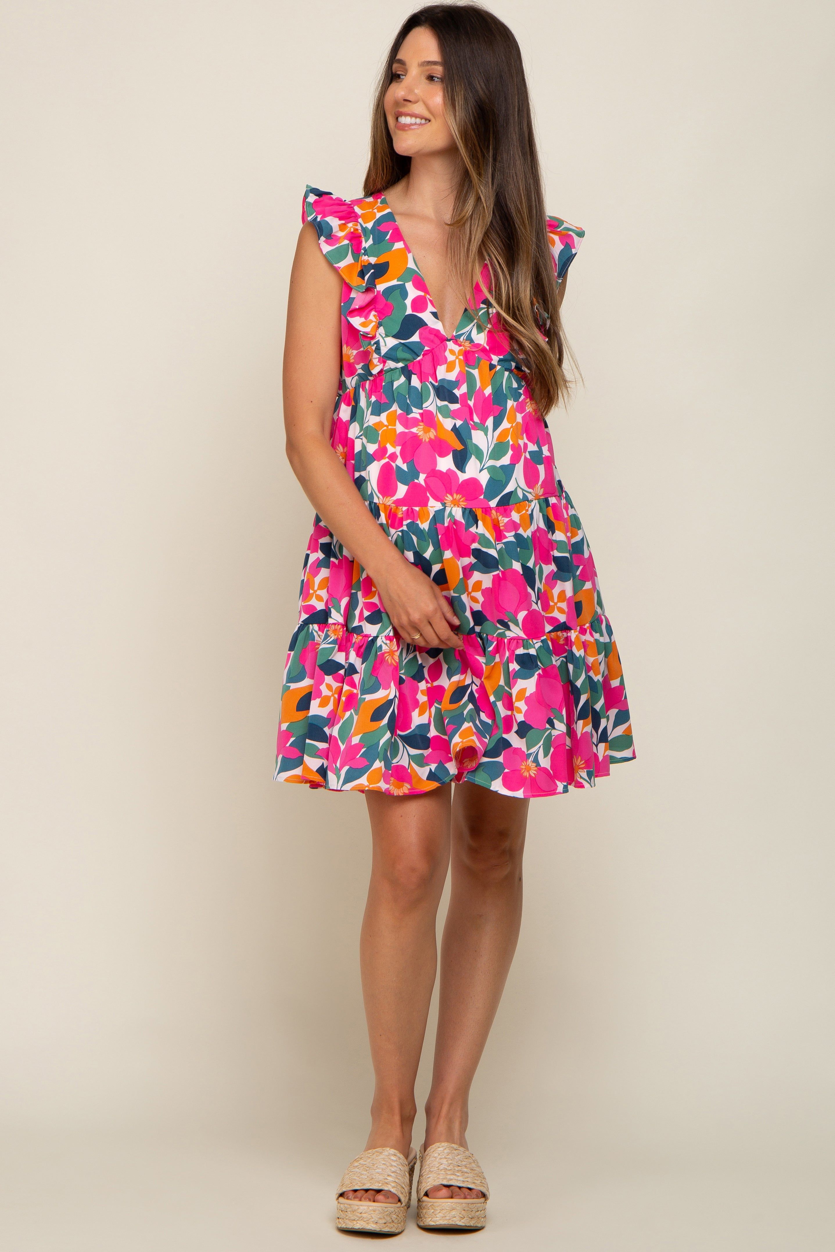 White Floral V-Neck Ruffle Shoulder Tiered Maternity Dress sold by Pinkblush product image thumbnail 5