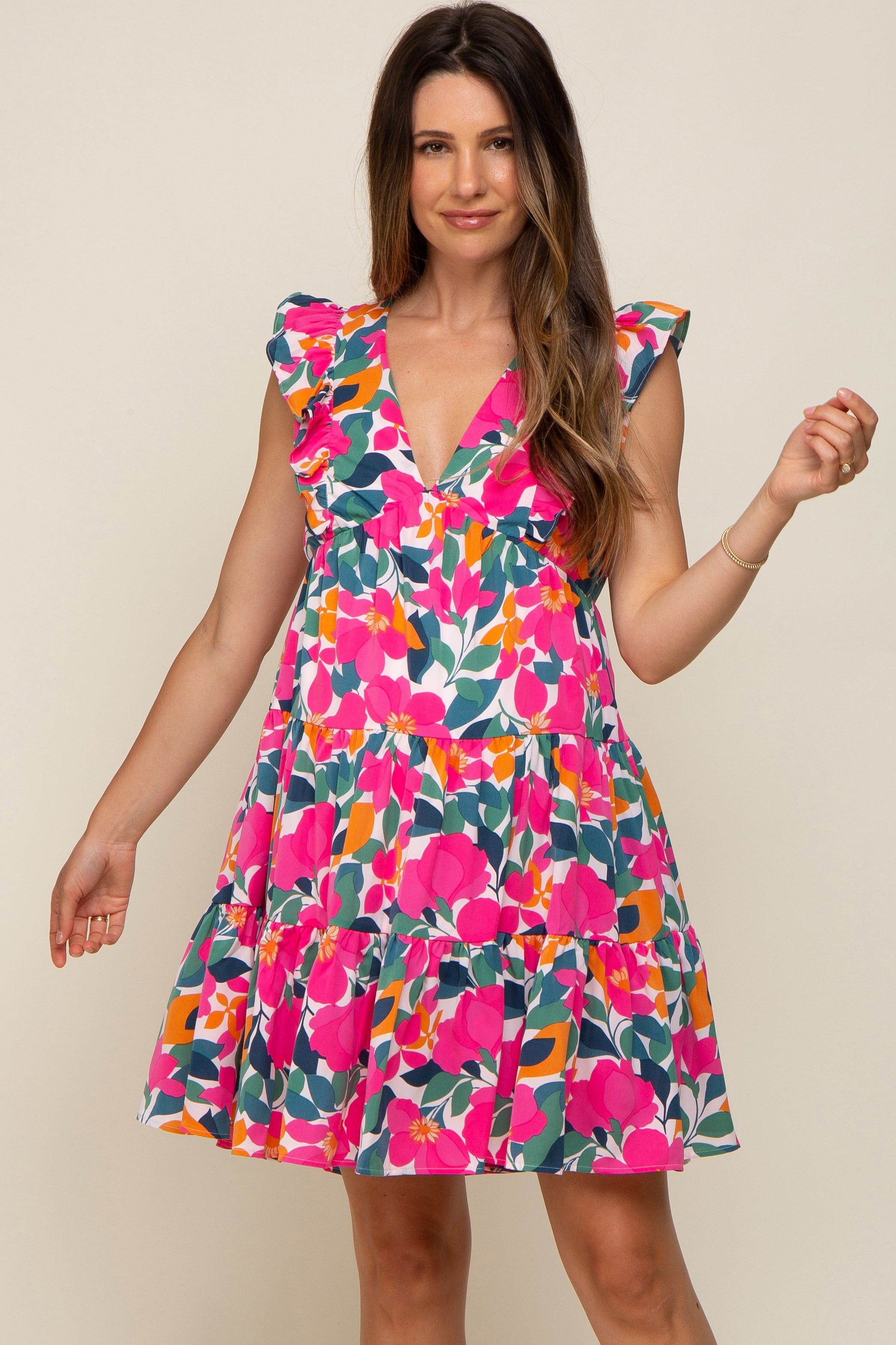 White Floral V-Neck Ruffle Shoulder Tiered Maternity Dress sold by Pinkblush product image thumbnail 2