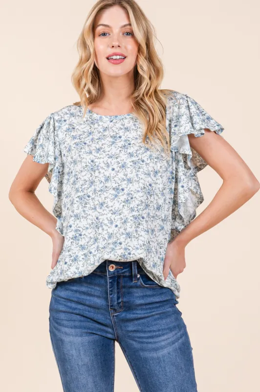 Blue Floral Ruffle Sleeve Blouse sold by Pinkblush