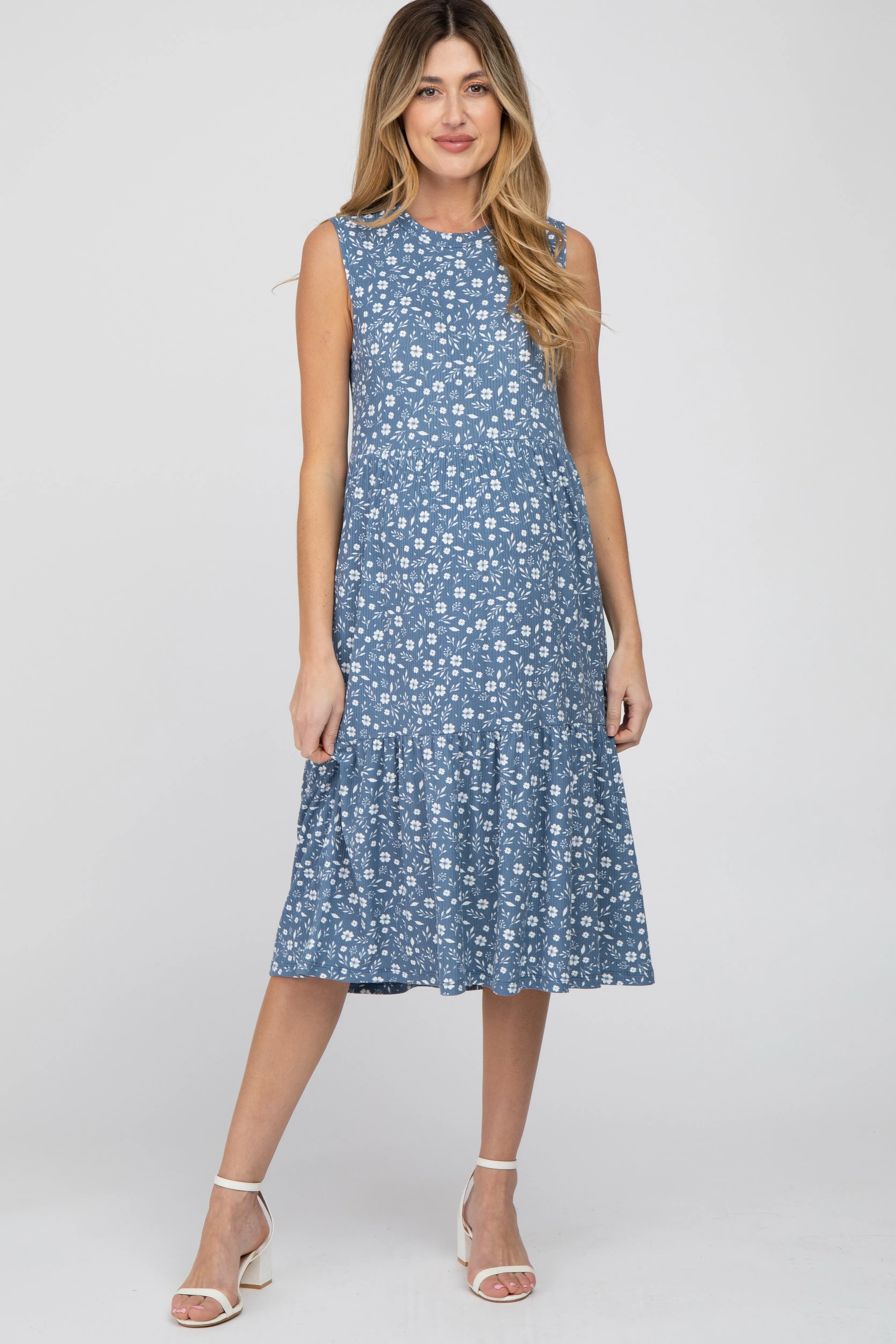 Blue Floral Ribbed Tiered Maternity Midi Dress sold by Pinkblush