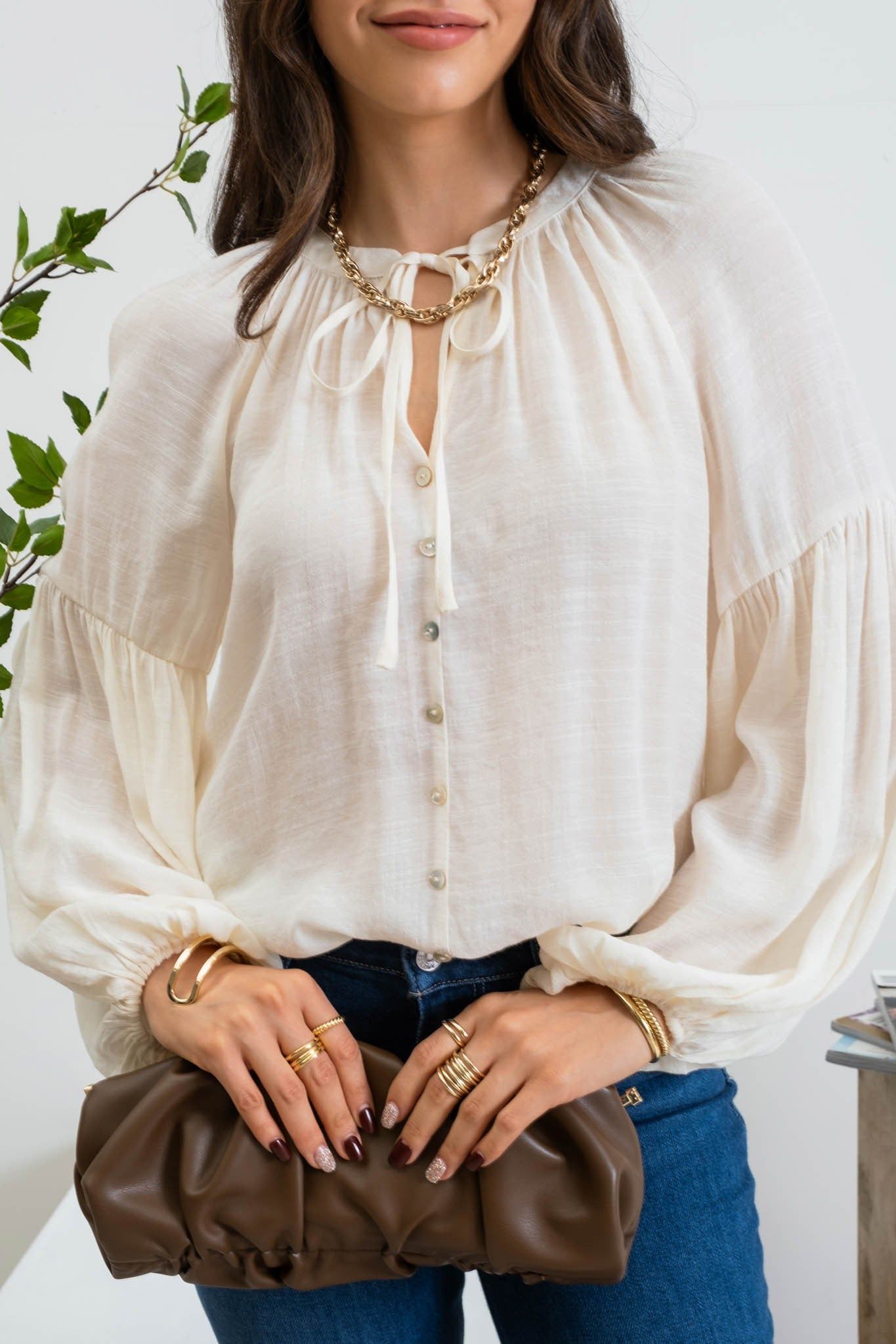 Ivory Long Sleeve Peasant Woven Top sold by Pinkblush product image thumbnail 4