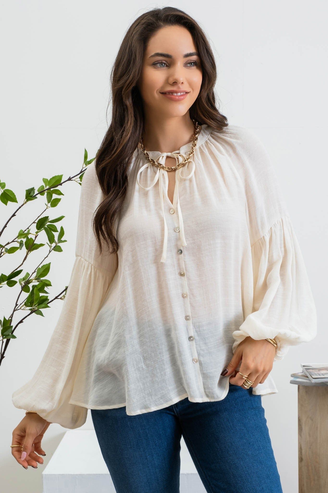 Ivory Long Sleeve Peasant Woven Top sold by Pinkblush