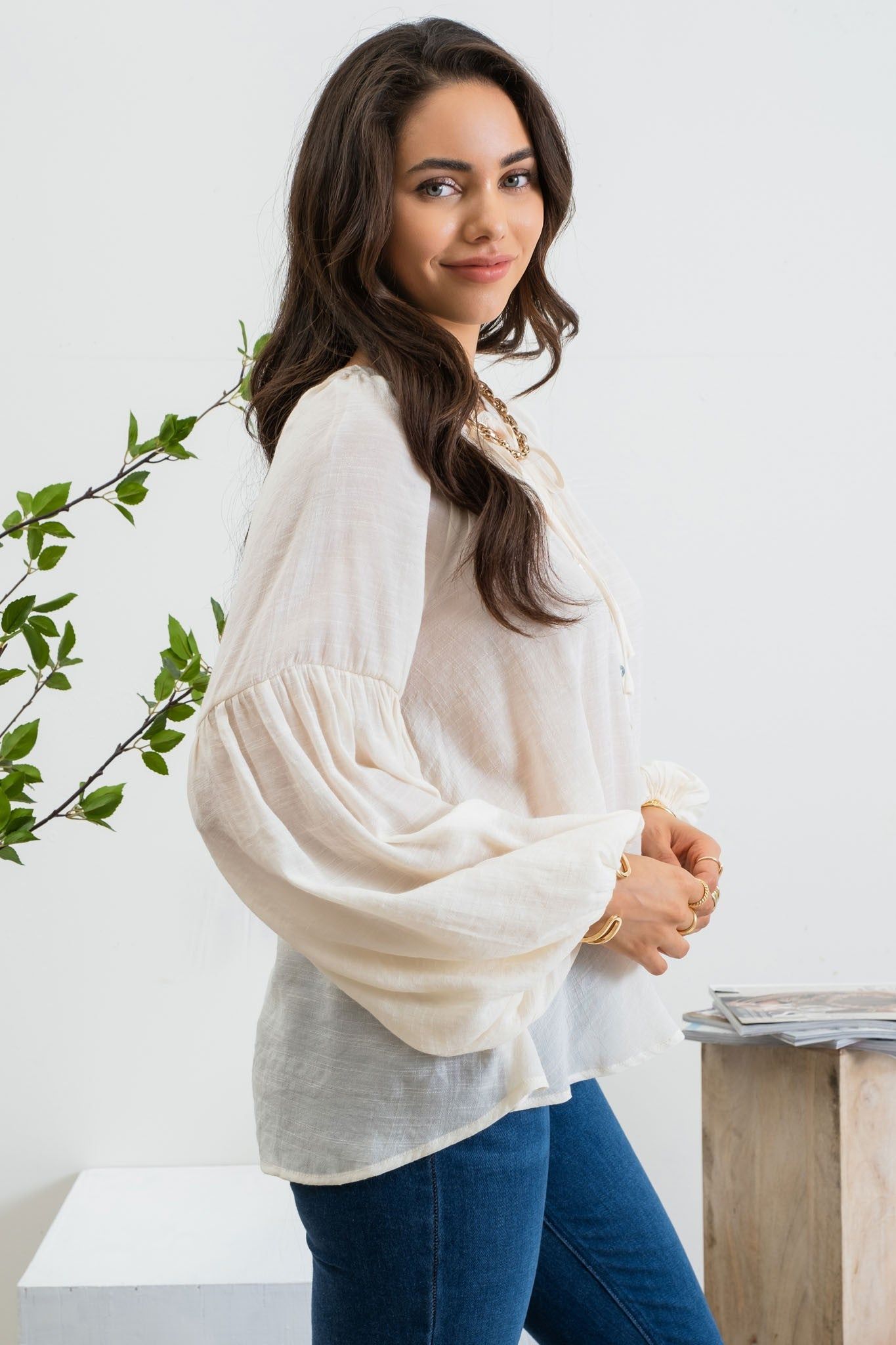Ivory Long Sleeve Peasant Woven Top sold by Pinkblush product image thumbnail 2