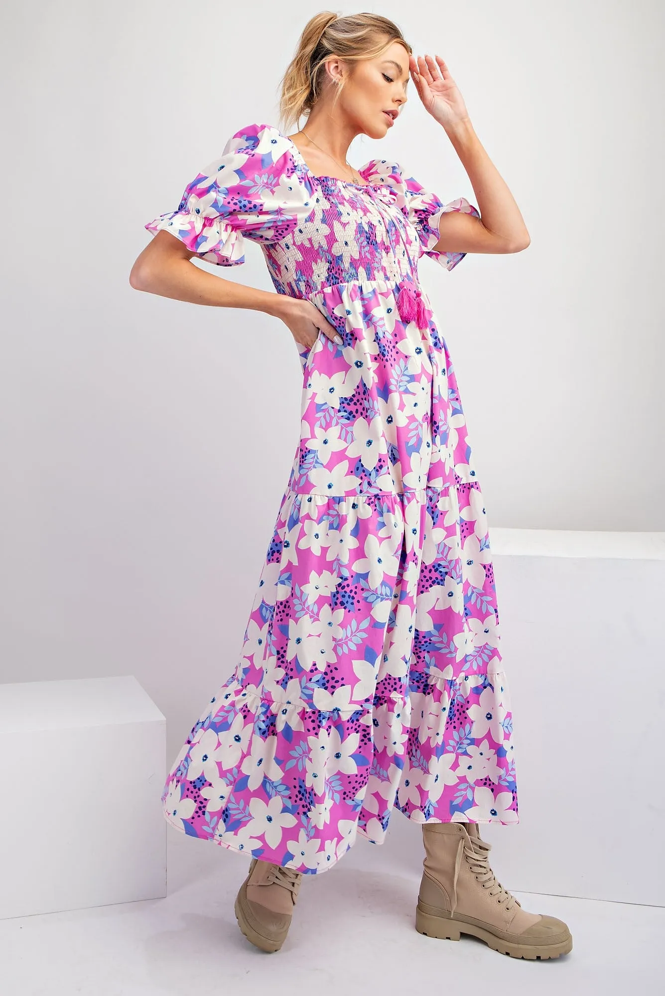 Magenta Floral Puff Sleeve Maxi Dress sold by Pinkblush