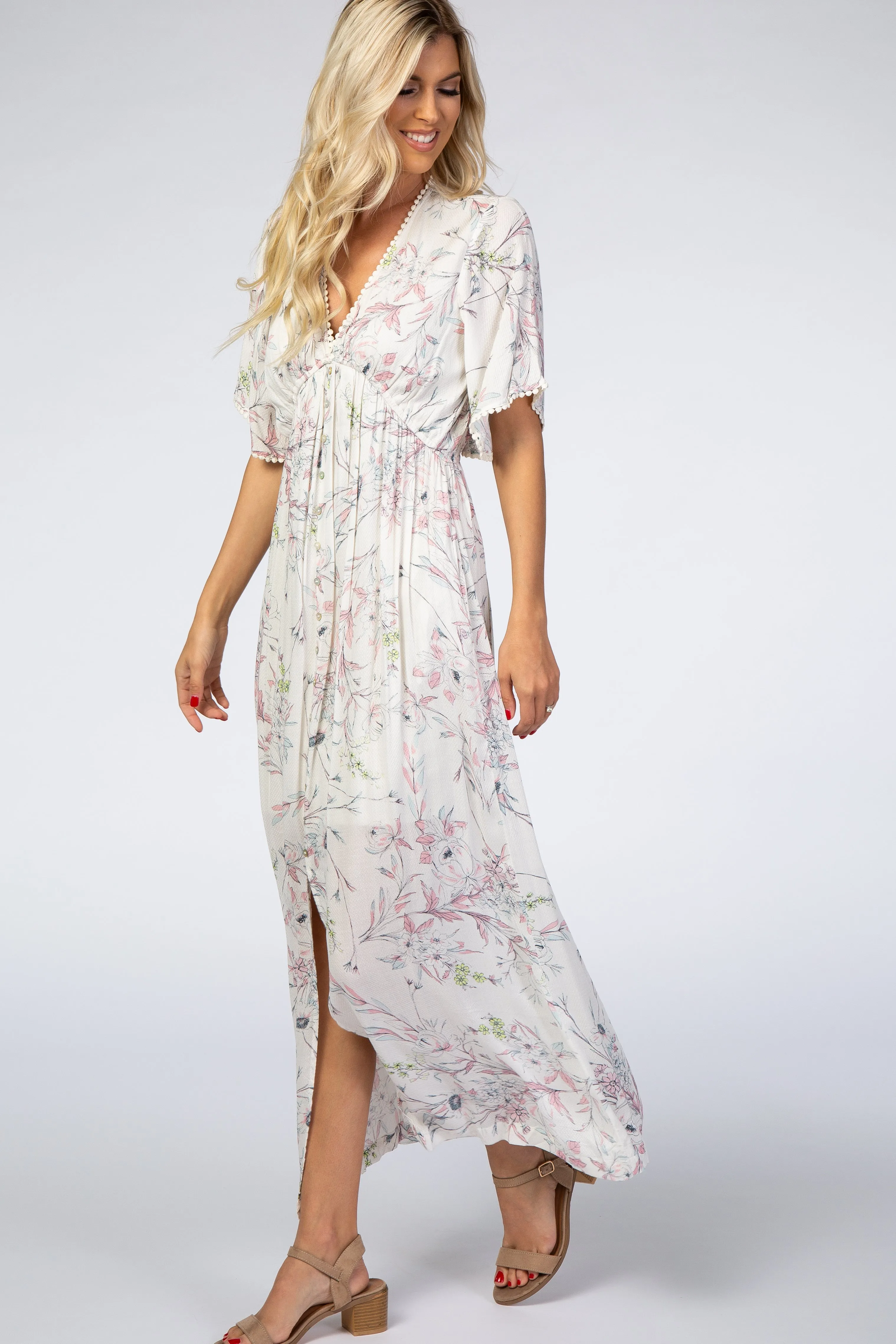 Ivory Floral Button Front Maxi Dress sold by Pinkblush product image thumbnail 3