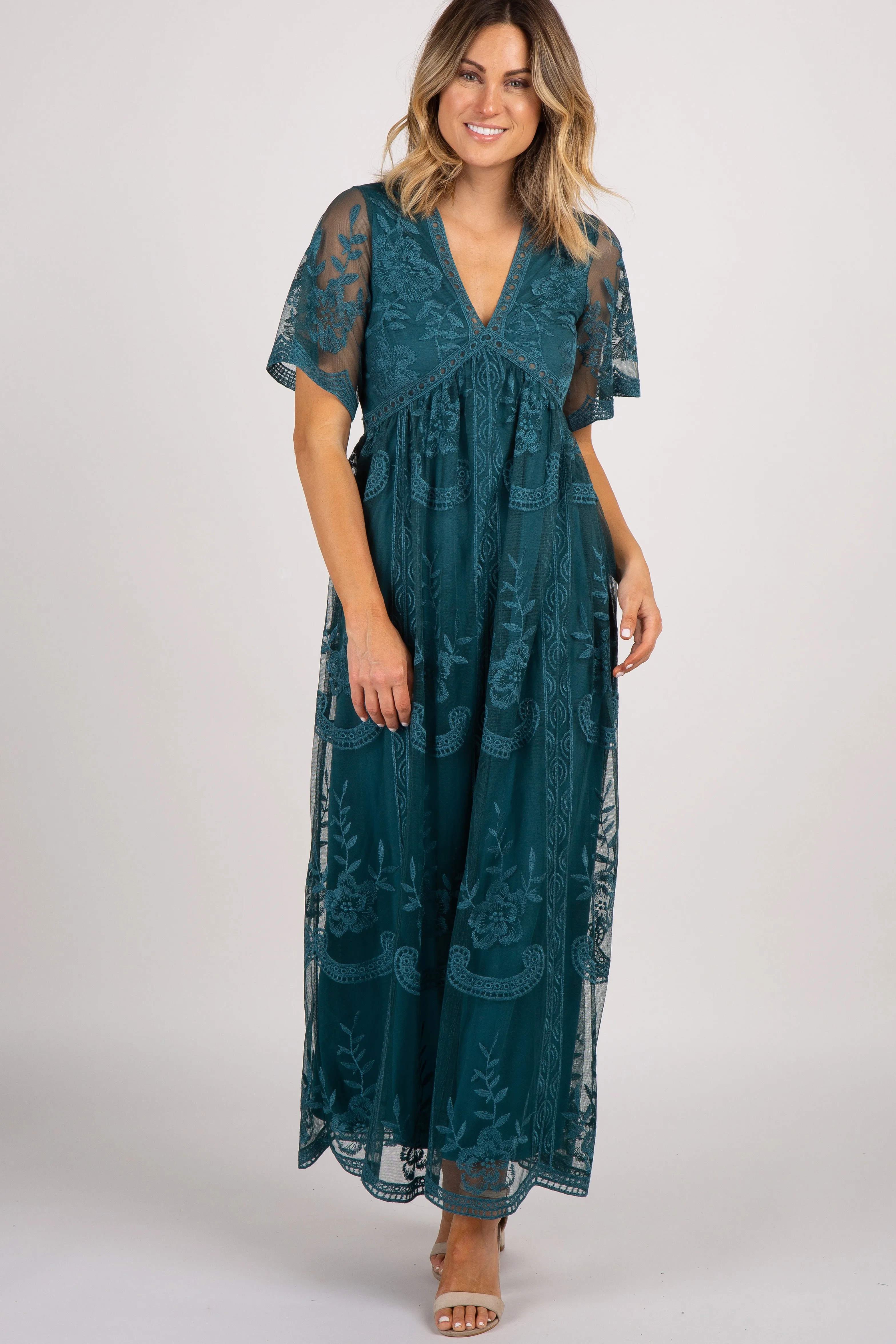Dark Turquoise Lace Mesh Overlay Maxi Dress sold by Pinkblush