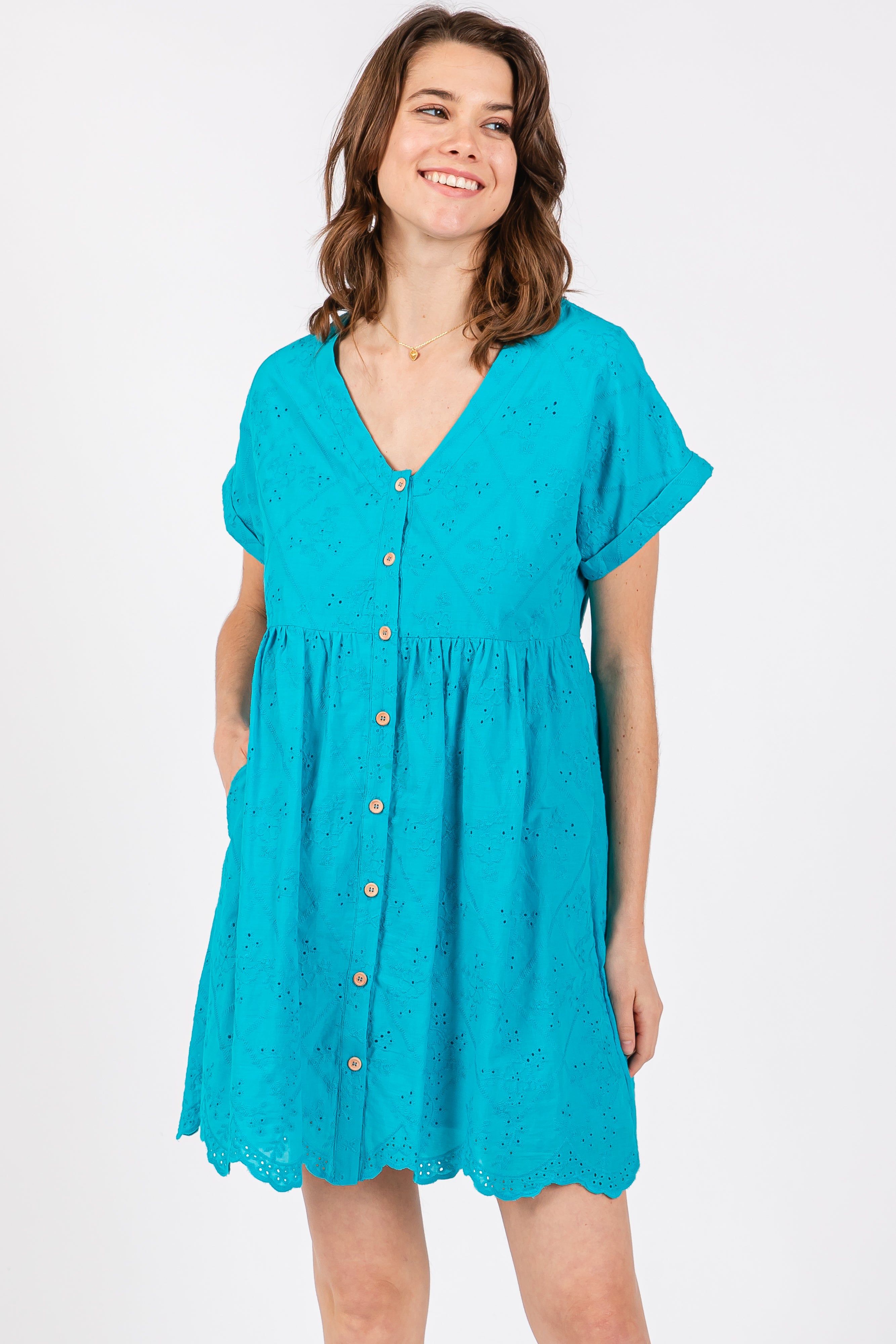 Turquoise Eyelet Button Front Short Sleeve Dress sold by Pinkblush