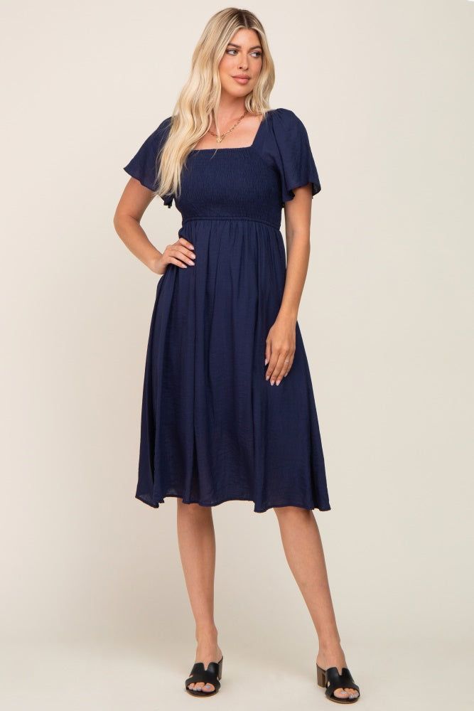 Navy Blue Smocked Square Neck Flutter Short Sleeve Midi Dress sold by Pinkblush product image thumbnail 4
