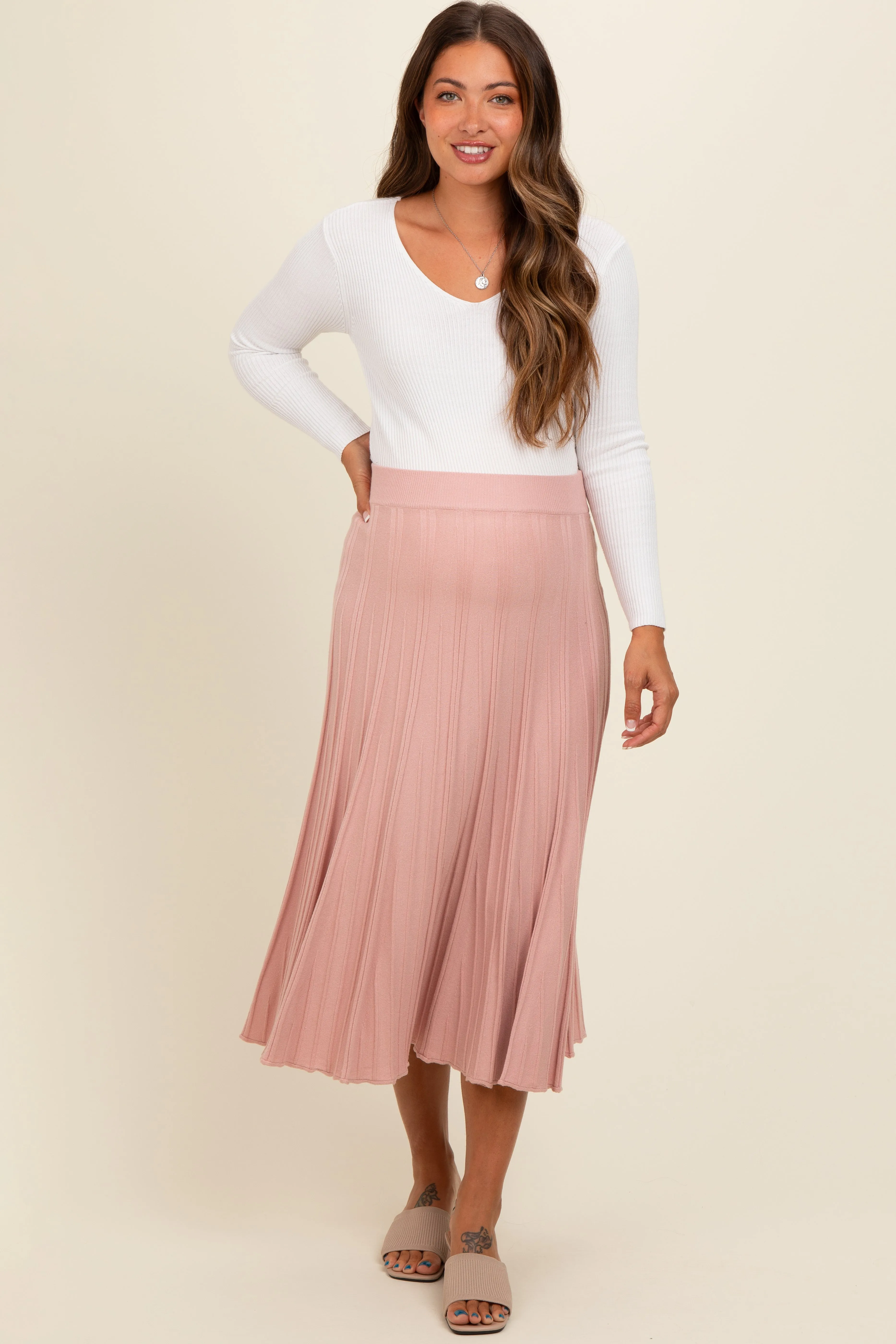 Mauve Ribbed Knit A-Line Midi Maternity Skirt sold by Pinkblush