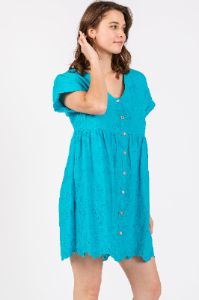 Turquoise Eyelet Button Front Short Sleeve Dress sold by Pinkblush