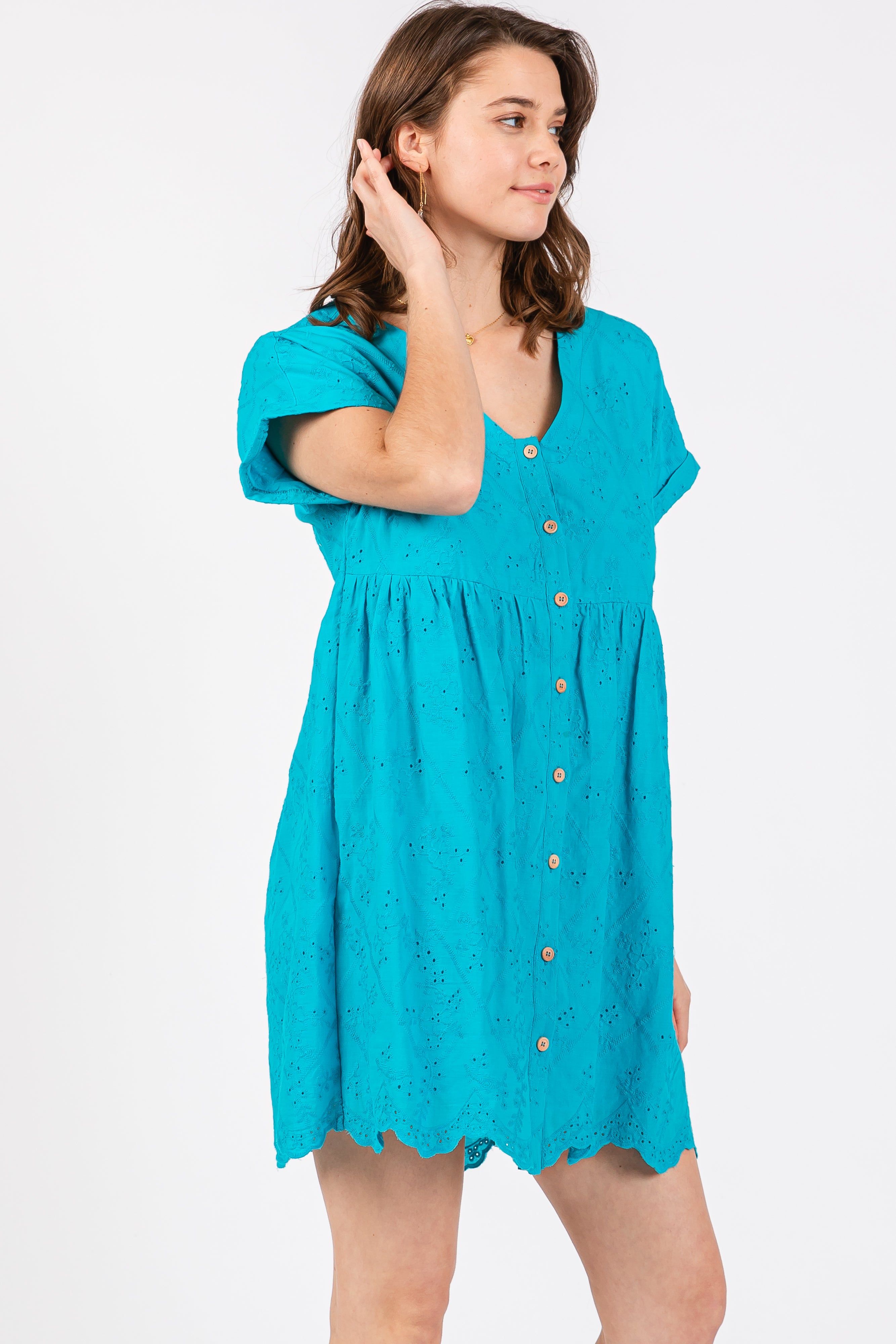 Turquoise Eyelet Button Front Short Sleeve Dress sold by Pinkblush product image thumbnail 2