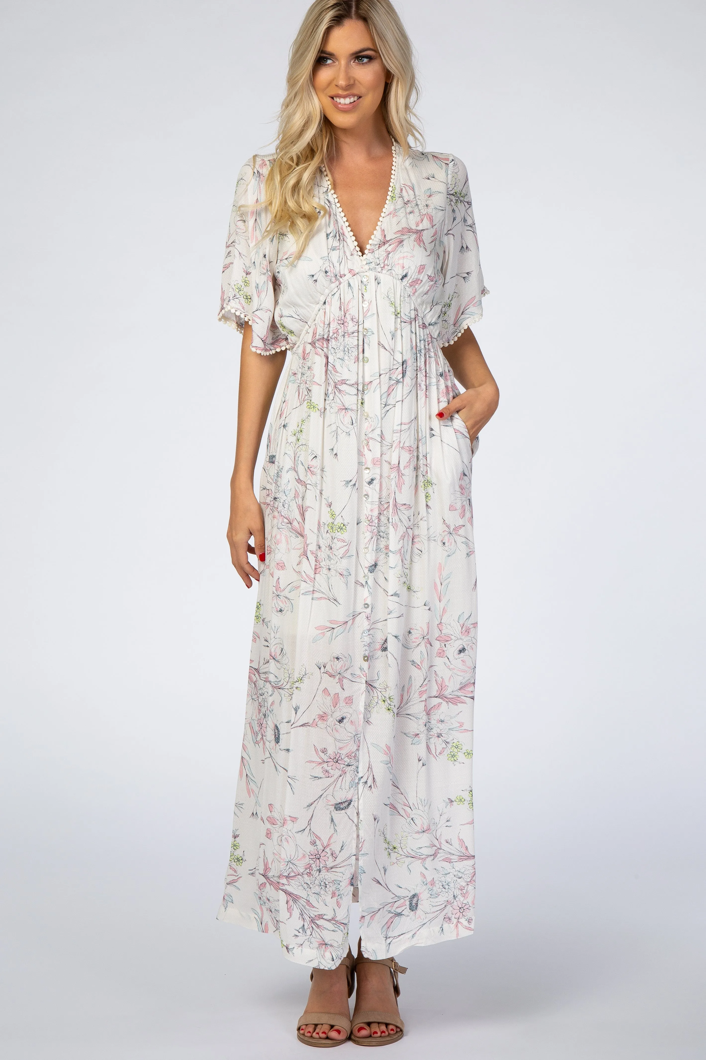 Ivory Floral Button Front Maxi Dress sold by Pinkblush product image thumbnail 2