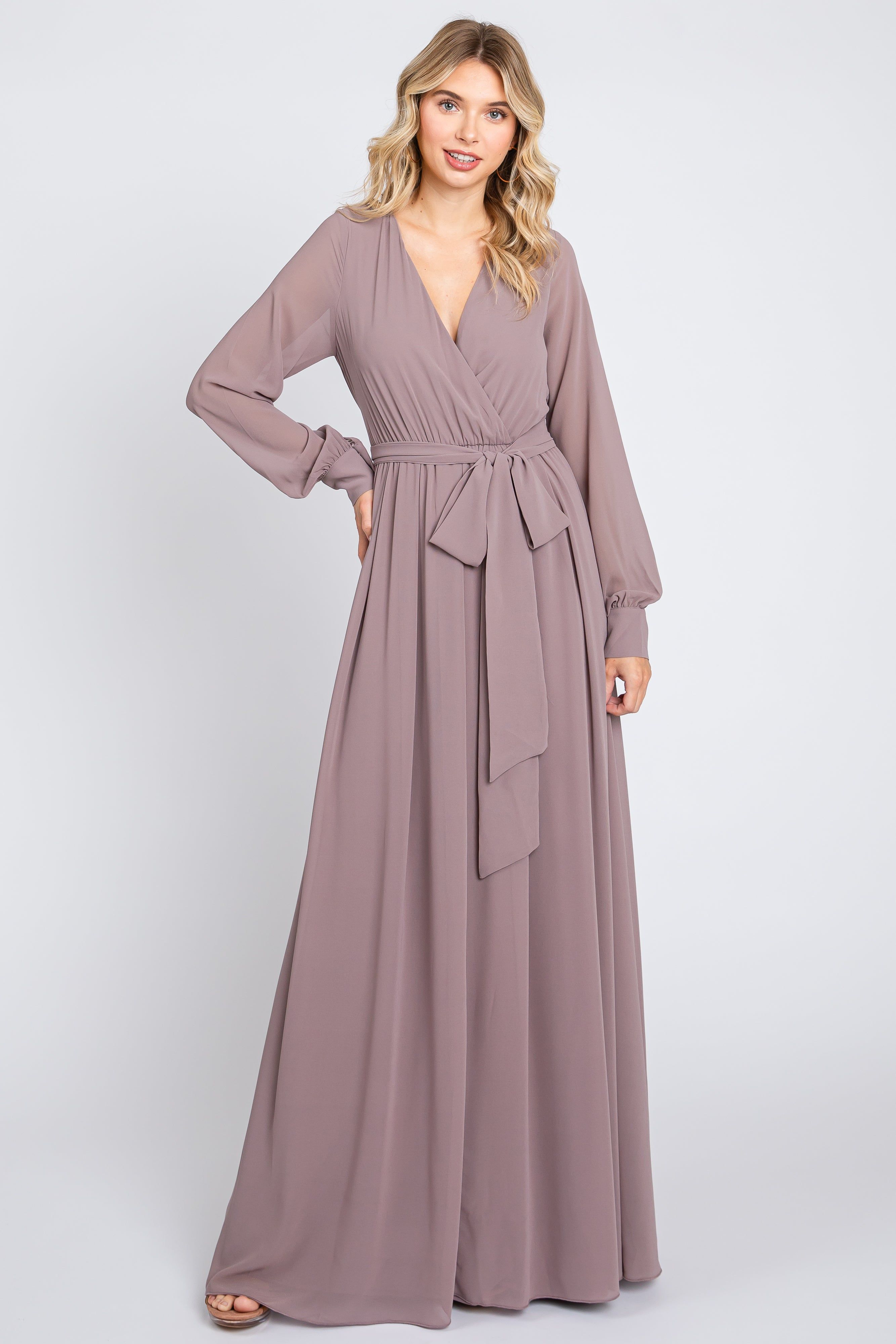 Taupe Chiffon Wrap Gown sold by Pinkblush