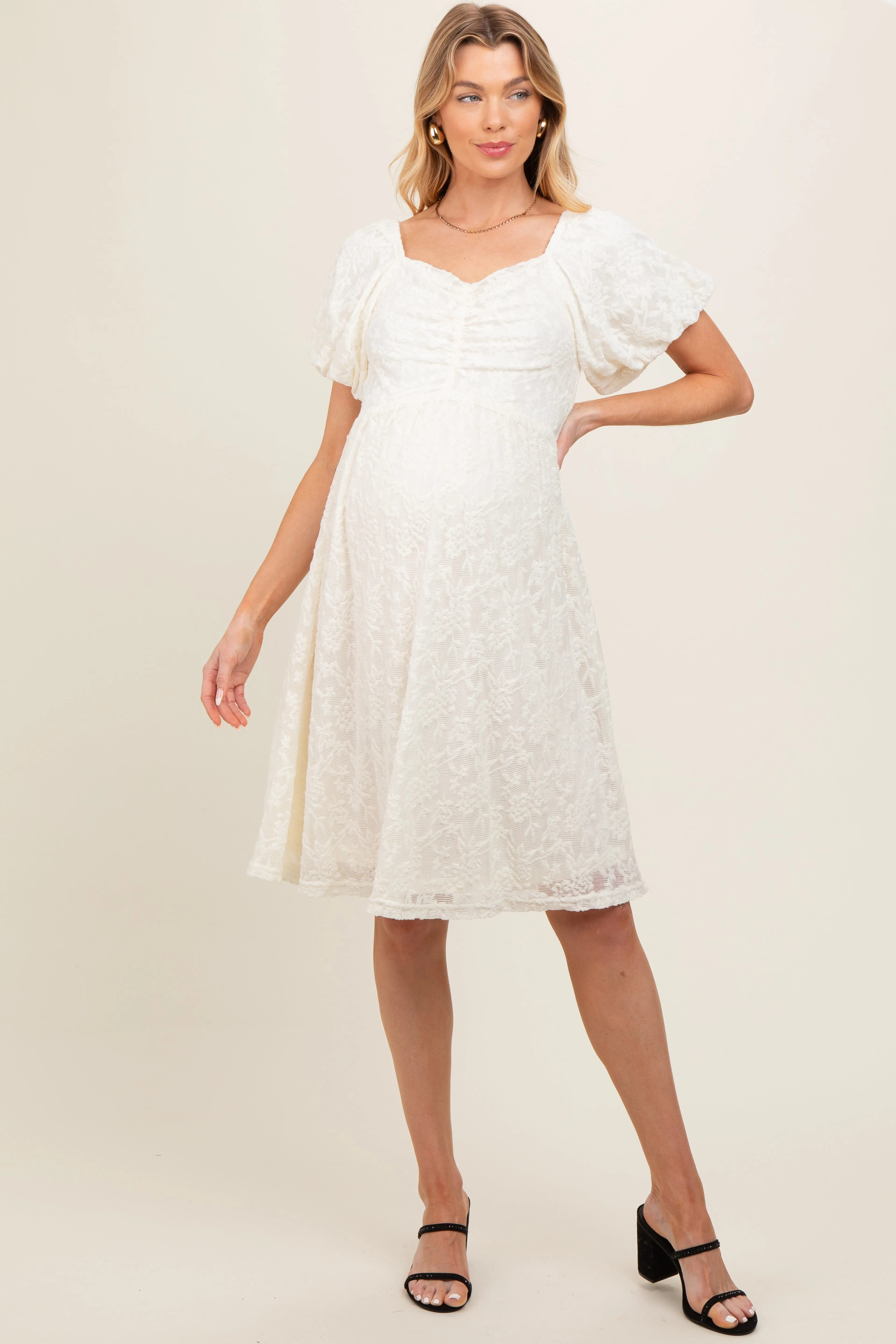 Ivory Lace Puff Sleeve Maternity Dress sold by Pinkblush