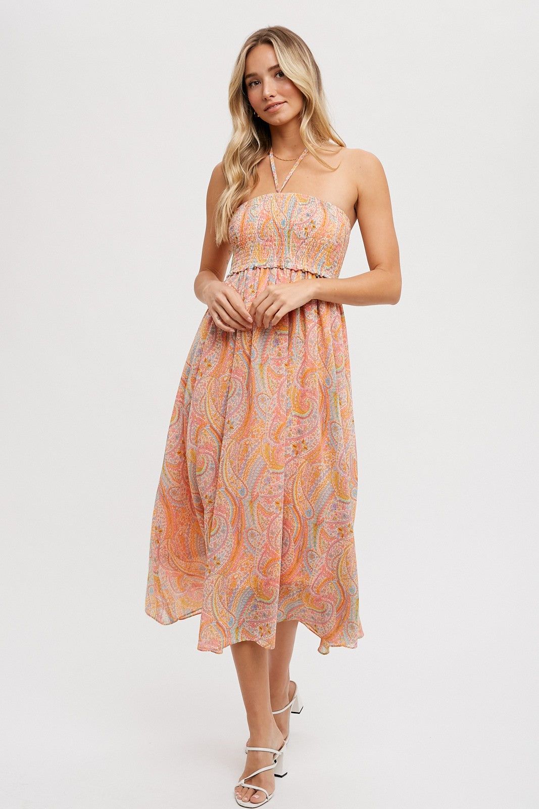 Coral Paisley Halter Smocked Midi Dress sold by Pinkblush