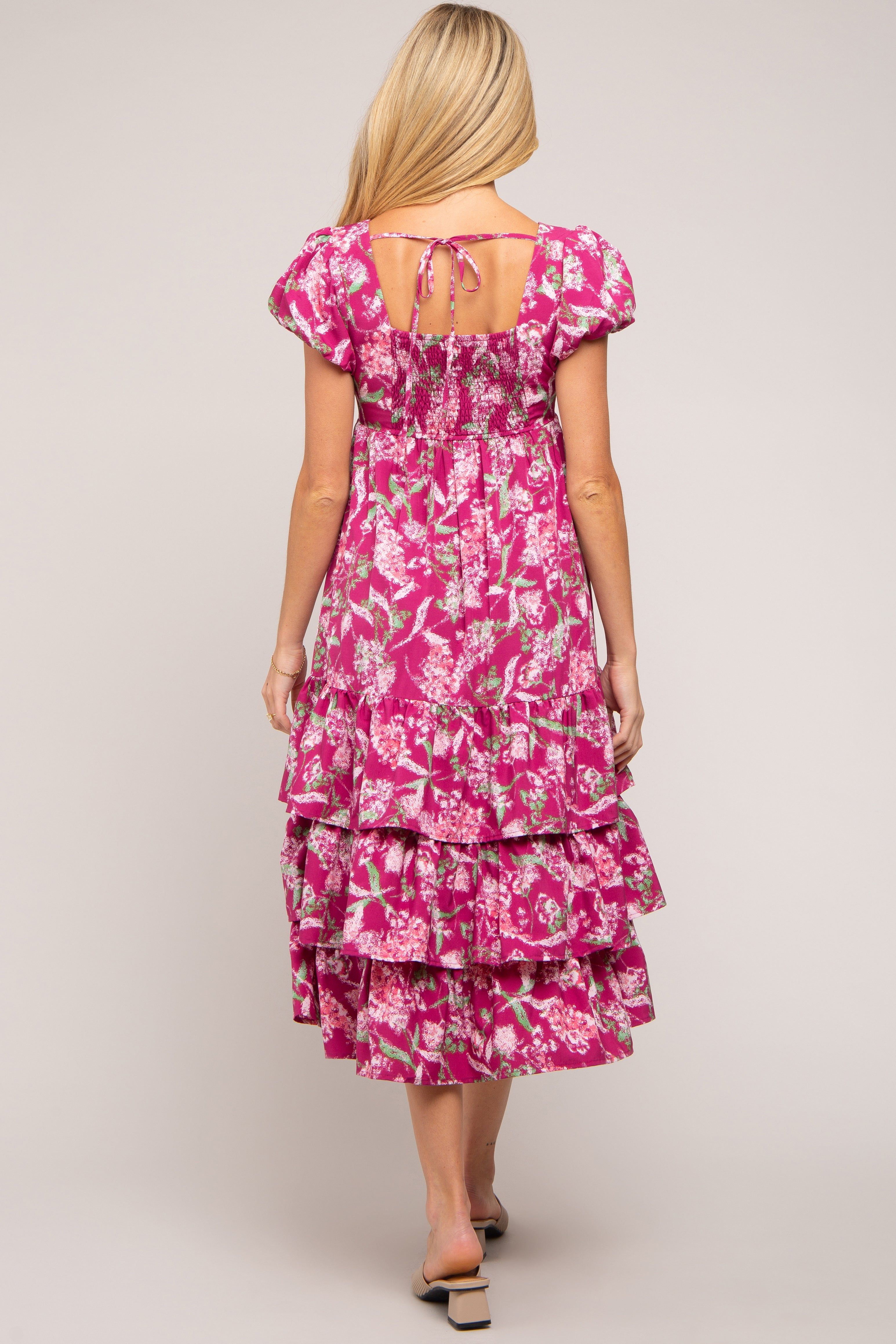 Magenta Floral Puff Sleeve Tiered Maternity Midi Dress sold by Pinkblush product image thumbnail 4