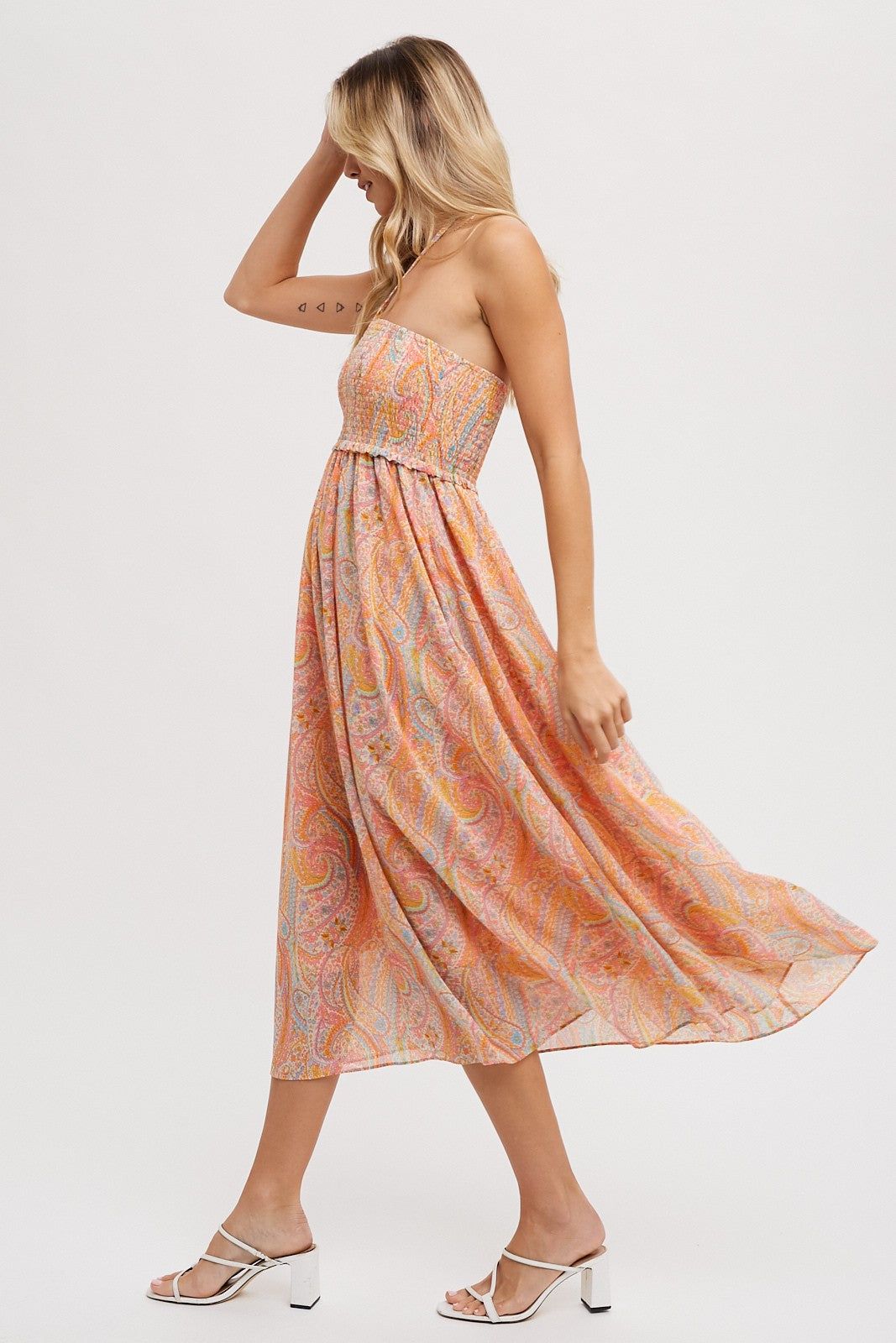 Coral Paisley Halter Smocked Midi Dress sold by Pinkblush product image thumbnail 2