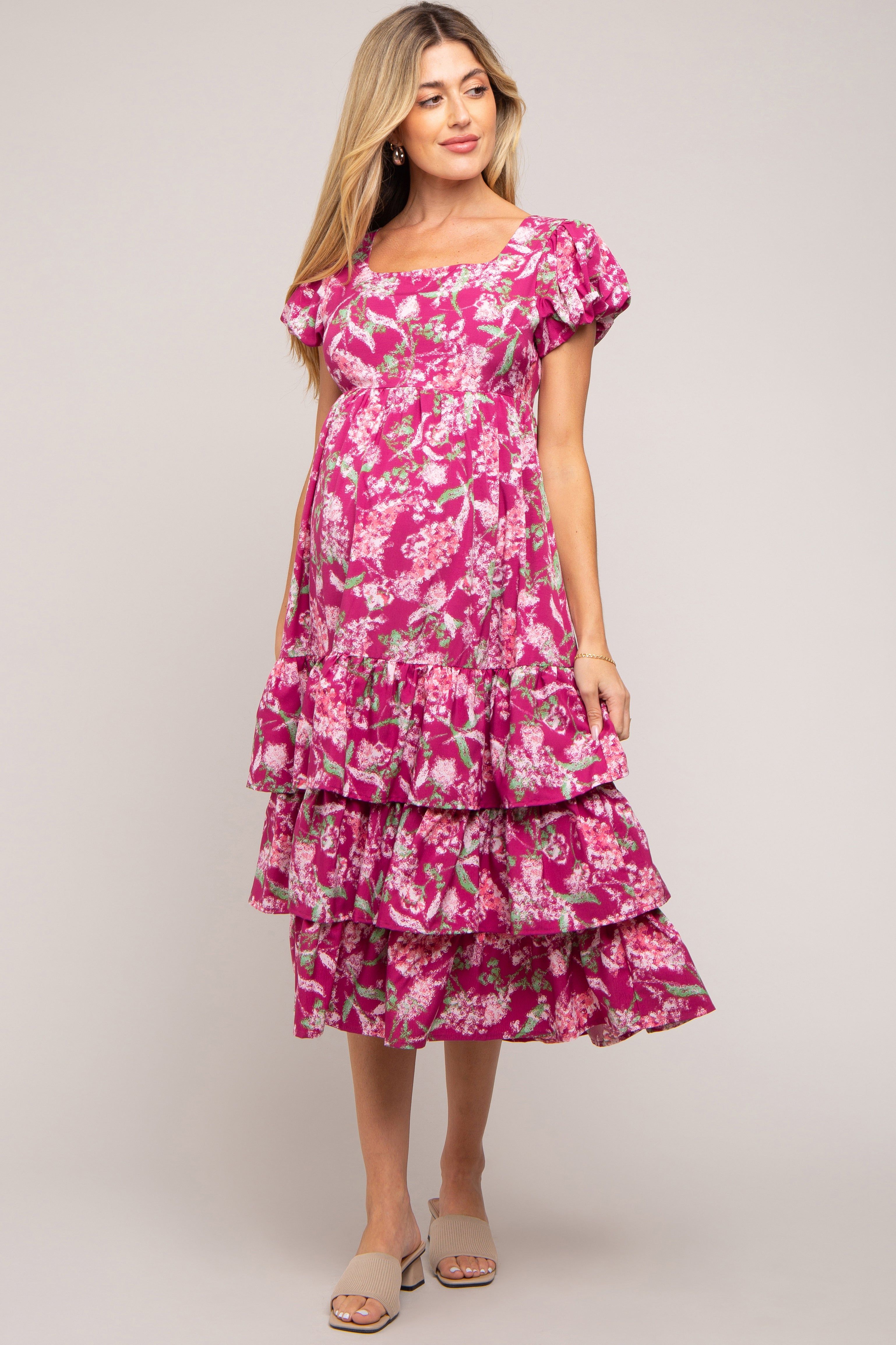 Magenta Floral Puff Sleeve Tiered Maternity Midi Dress sold by Pinkblush product image thumbnail 2