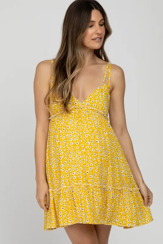 Yellow Floral Sleeveless Ruffle Hem Maternity Mini Dress sold by Pinkblush