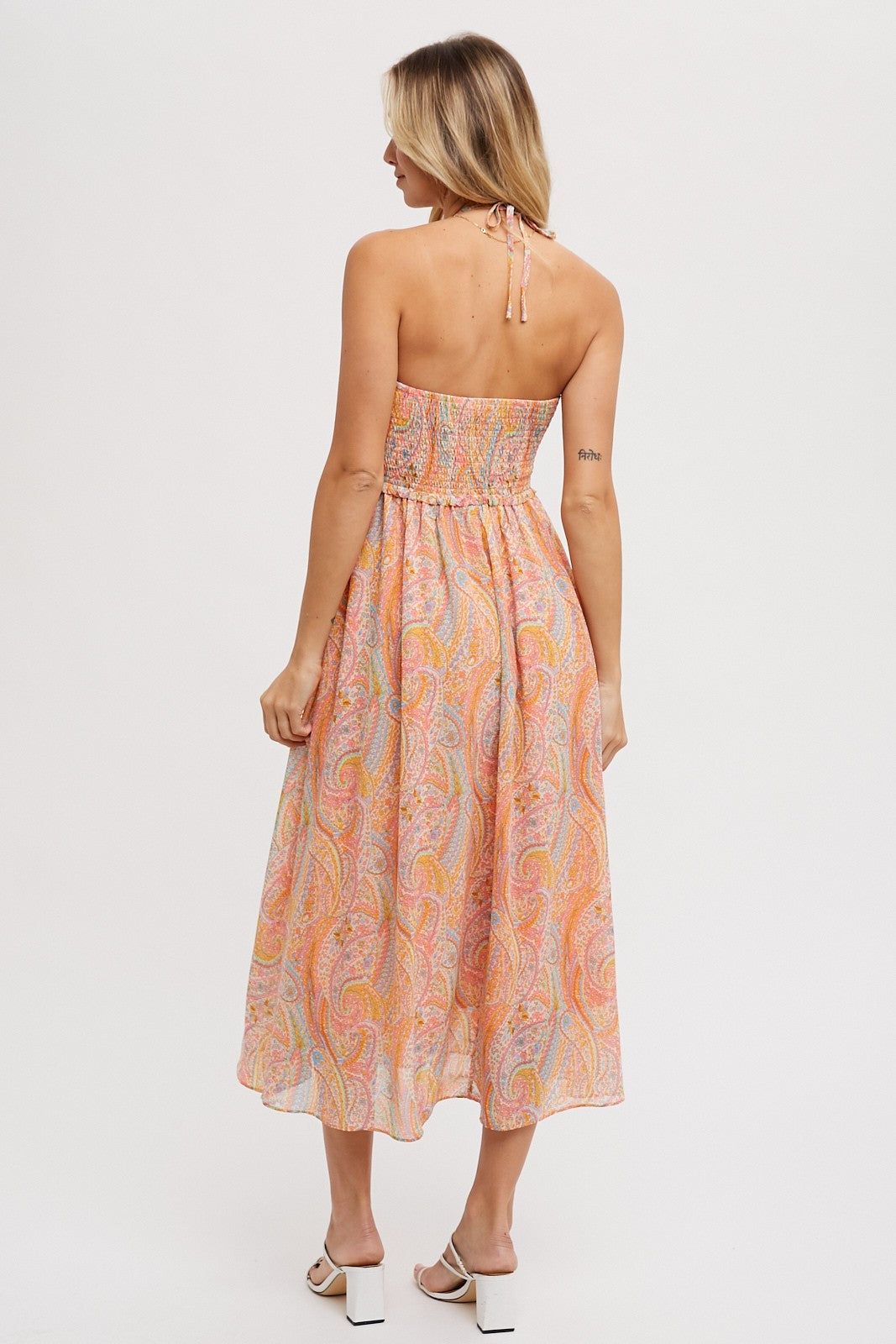 Coral Paisley Halter Smocked Midi Dress sold by Pinkblush product image thumbnail 3