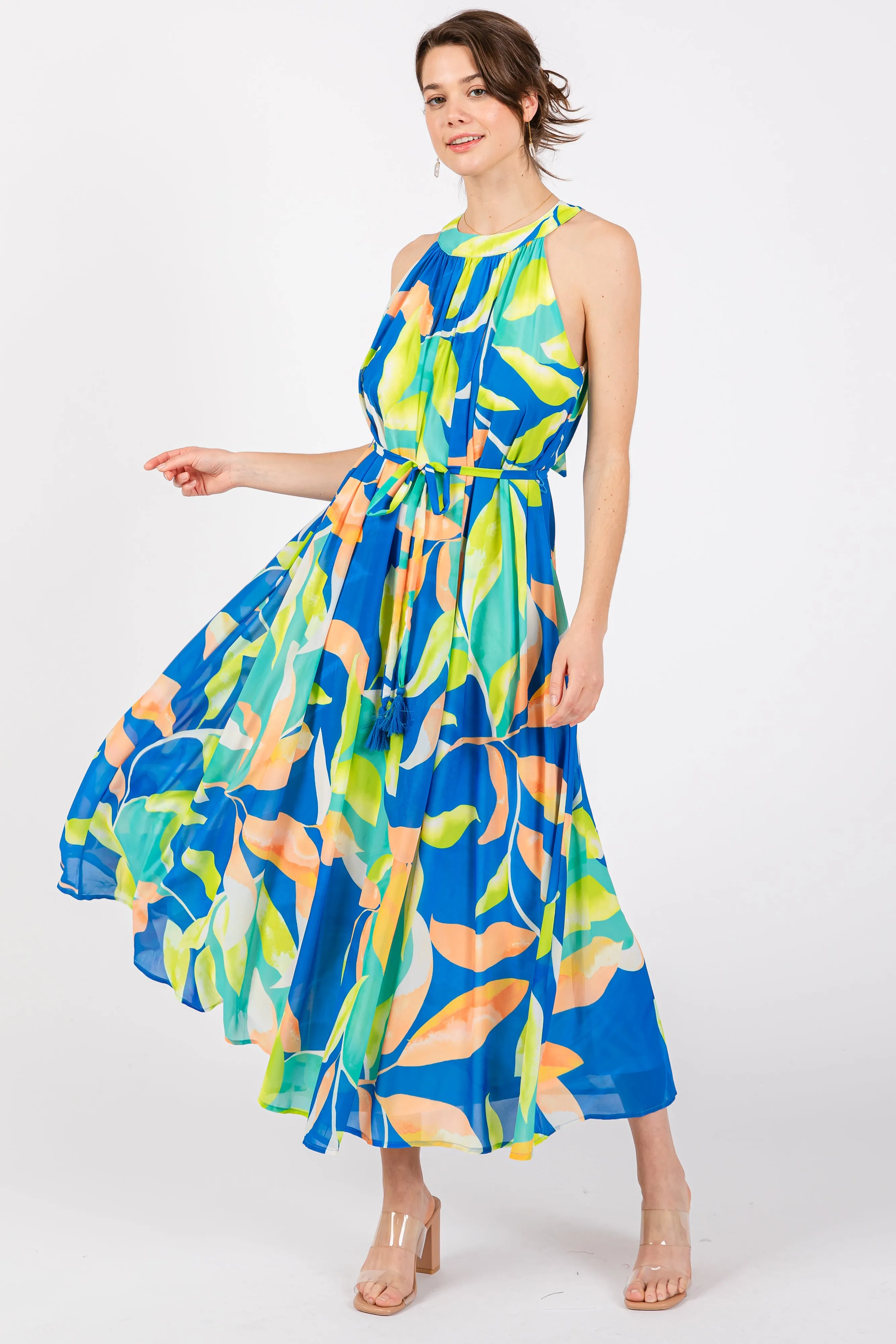 Royal Blue Leaf Print Halter Midi Dress sold by Pinkblush