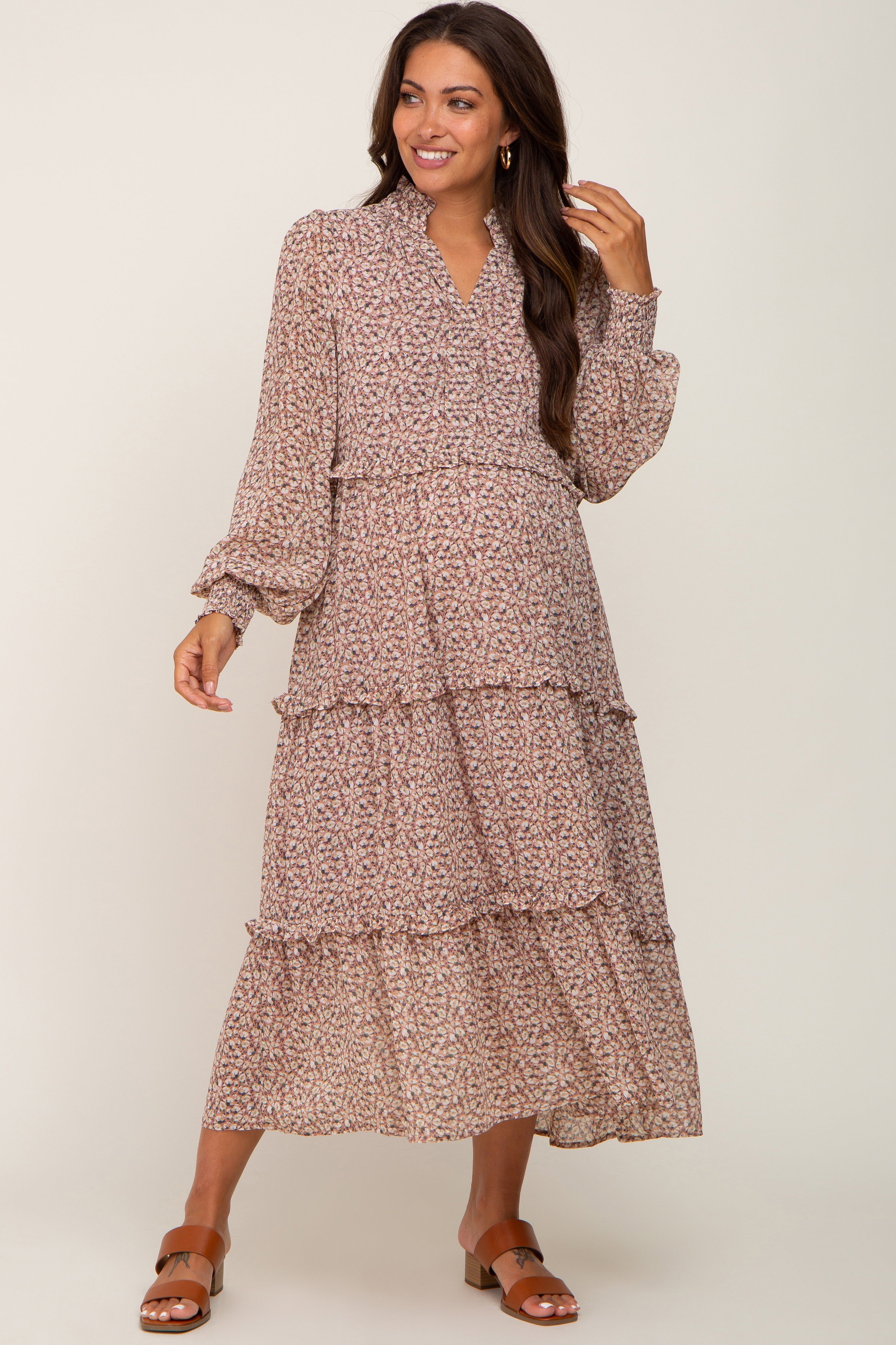 Mauve Floral Ruffle Tiered Maternity Midi Dress sold by Pinkblush