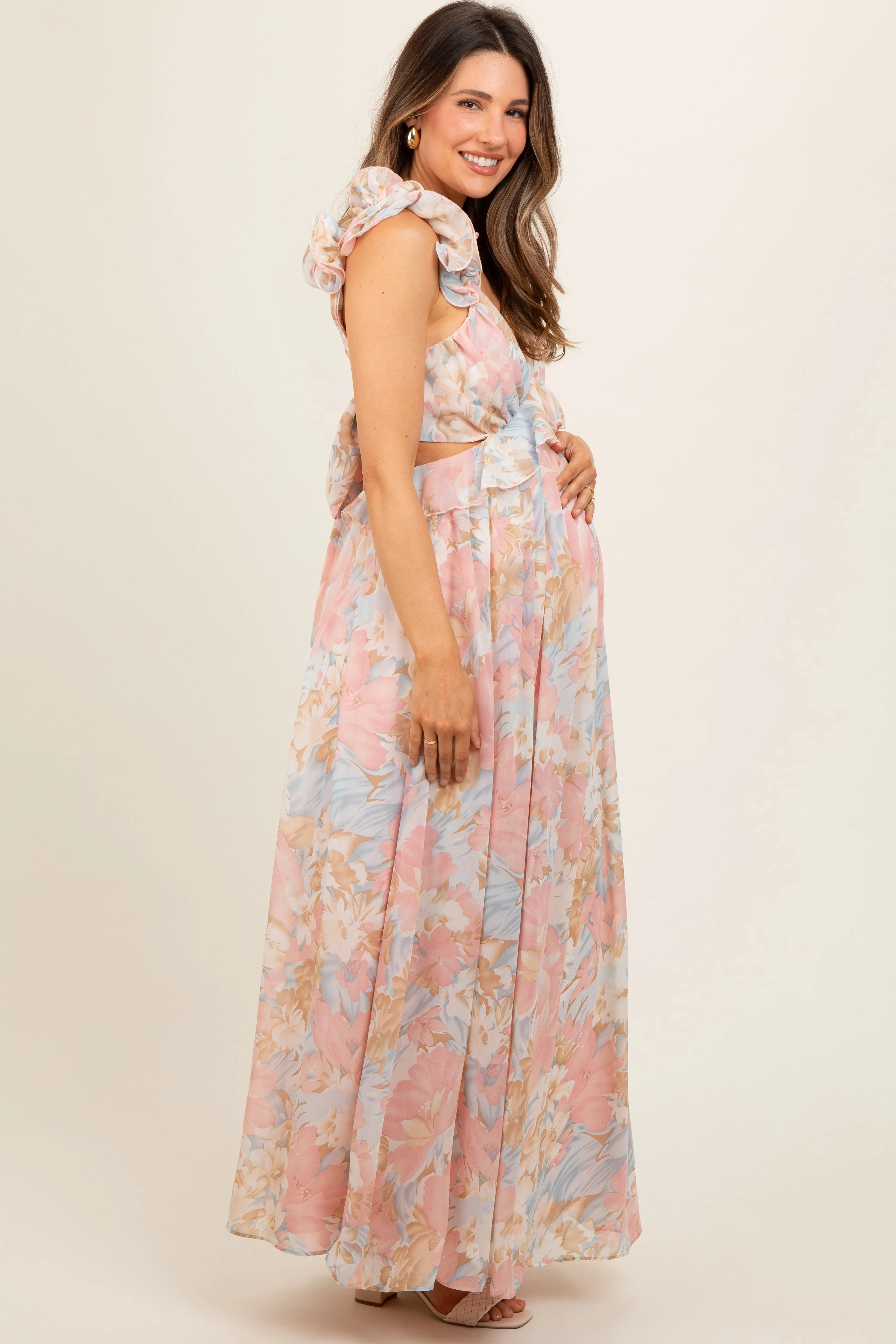 Light Pink Floral Ruffle Accent Cutout Maternity Gown sold by Pinkblush product image thumbnail 4