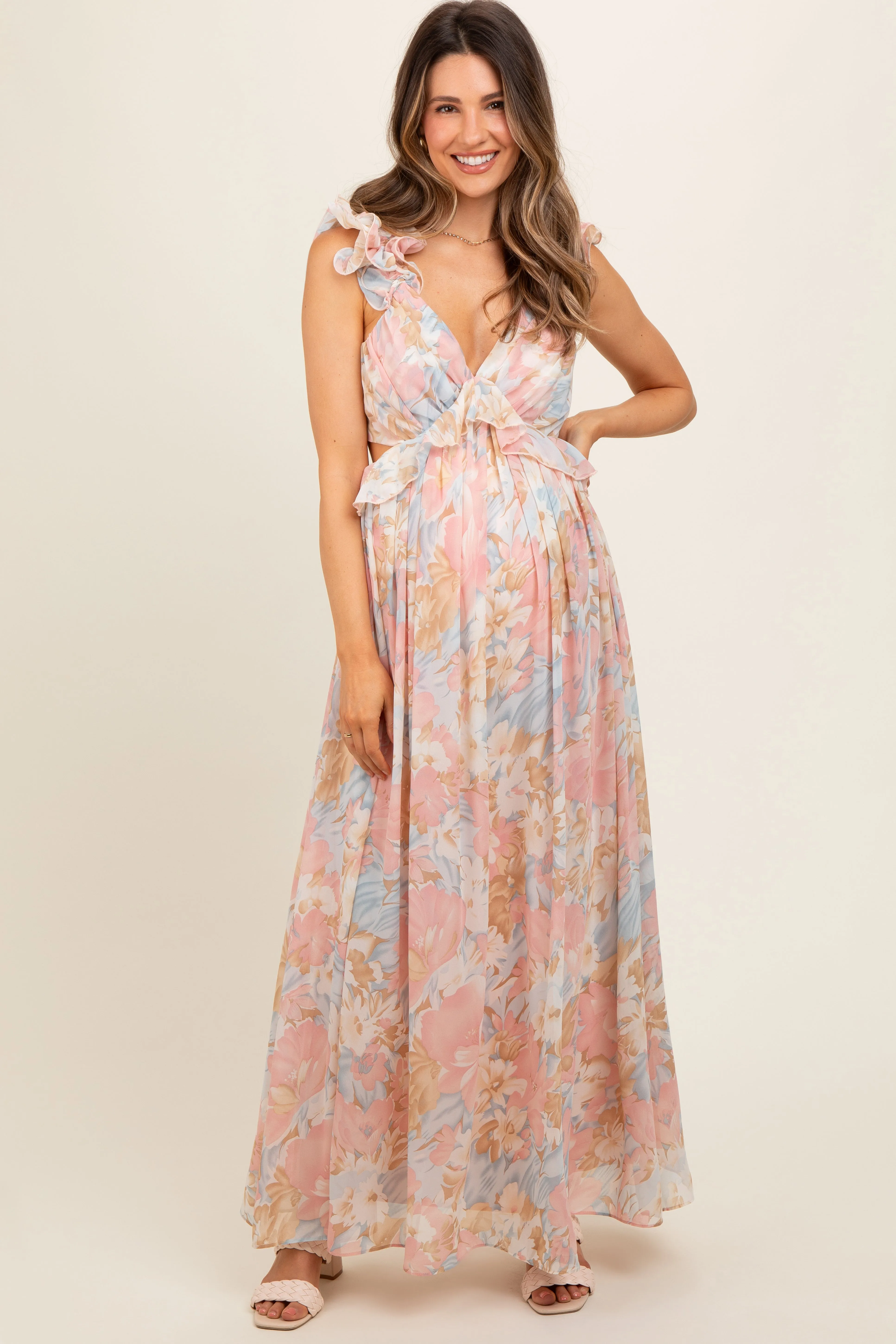 Light Pink Floral Ruffle Accent Cutout Maternity Gown sold by Pinkblush