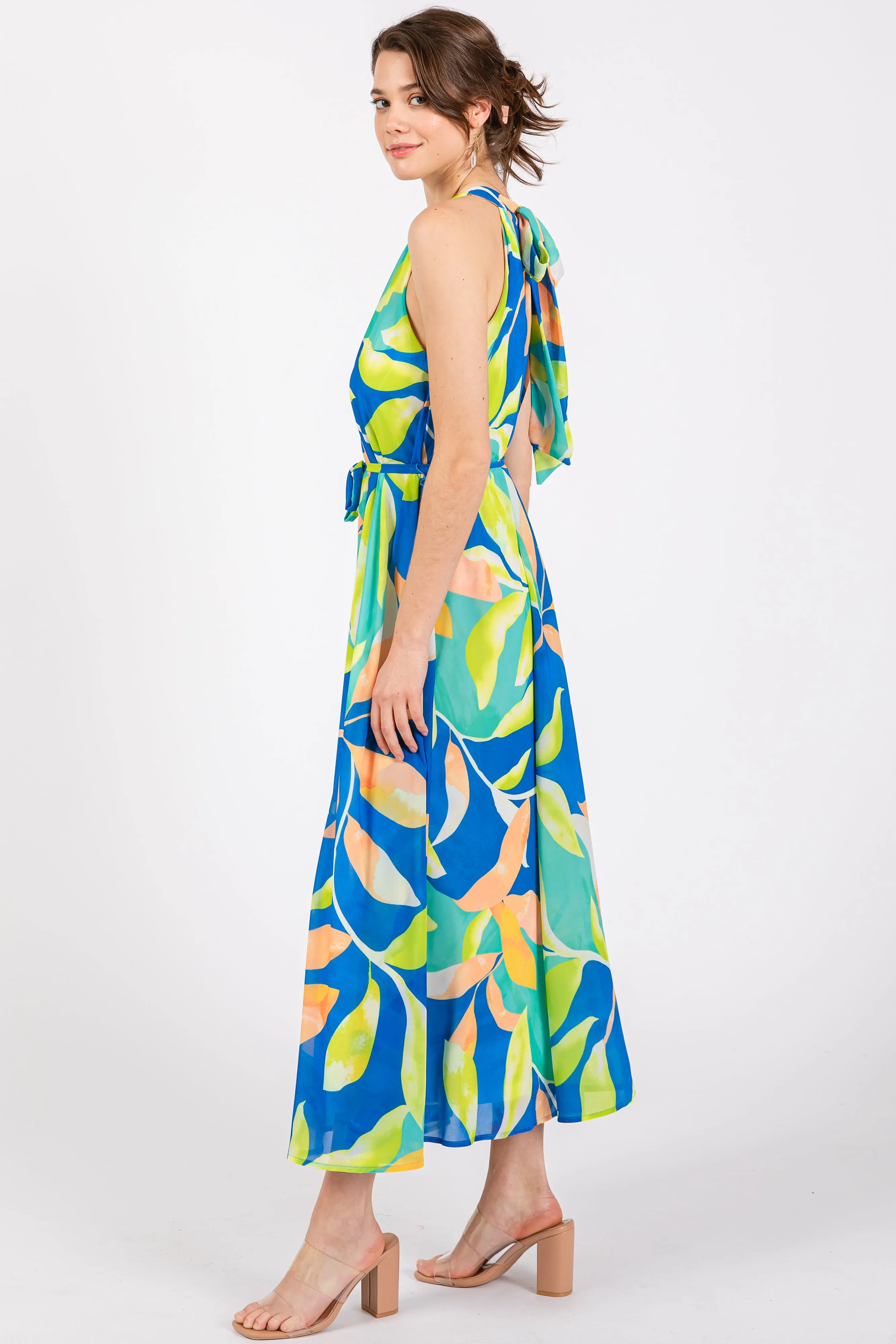 Royal Blue Leaf Print Halter Midi Dress sold by Pinkblush product image thumbnail 2