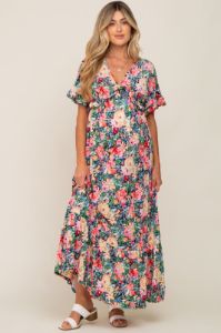 Black Multi-Color Floral Ruffle Maternity Maxi Dress sold by Pinkblush