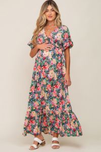 Black Multi-Color Floral Ruffle Maternity Maxi Dress sold by Pinkblush