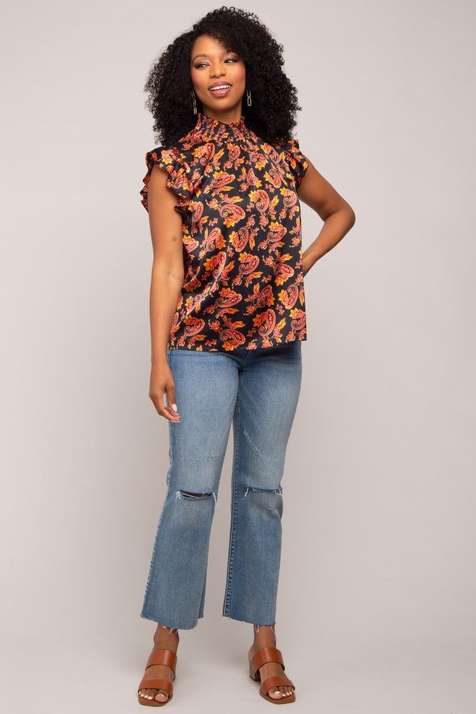 Black Paisley Satin Smocked Neck Blouse sold by Pinkblush product image thumbnail 4