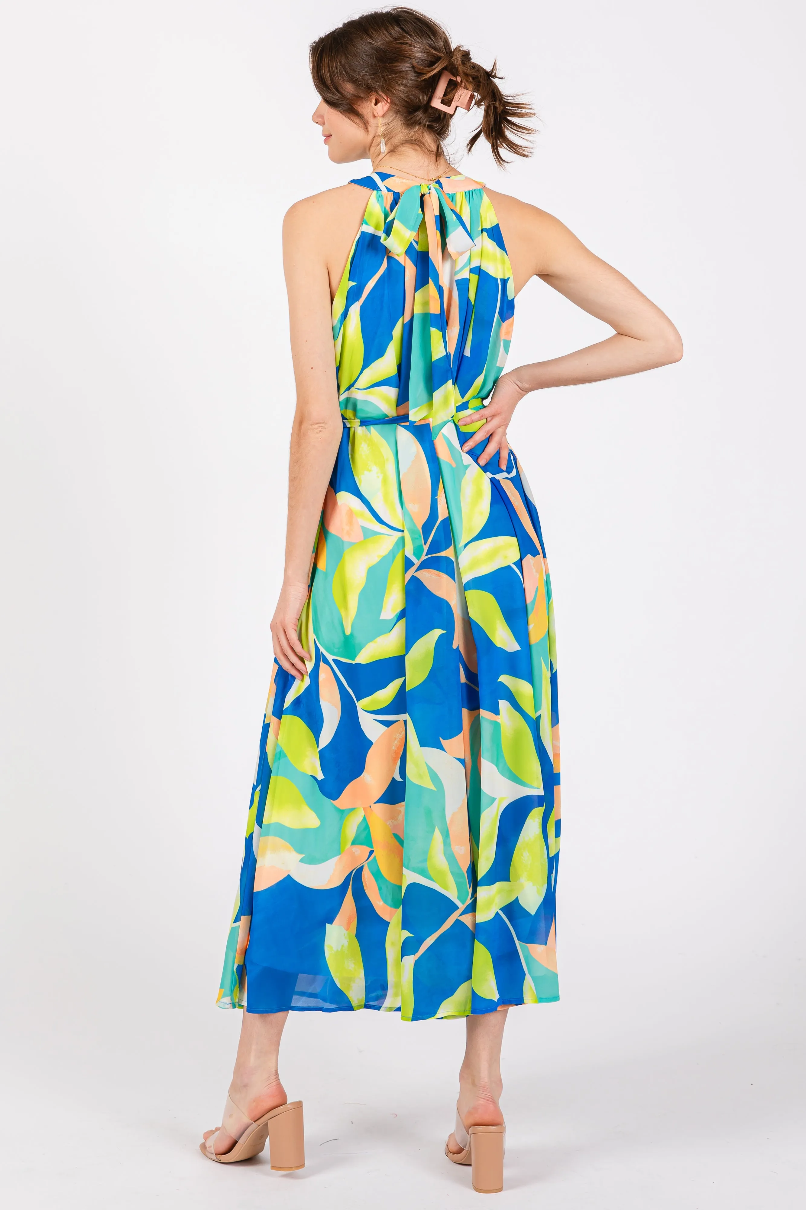 Royal Blue Leaf Print Halter Midi Dress sold by Pinkblush product image thumbnail 3
