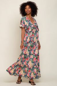 Black Multi-Color Floral Ruffle Maternity Maxi Dress sold by Pinkblush