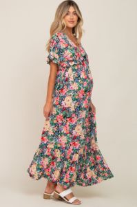 Black Multi-Color Floral Ruffle Maternity Maxi Dress sold by Pinkblush
