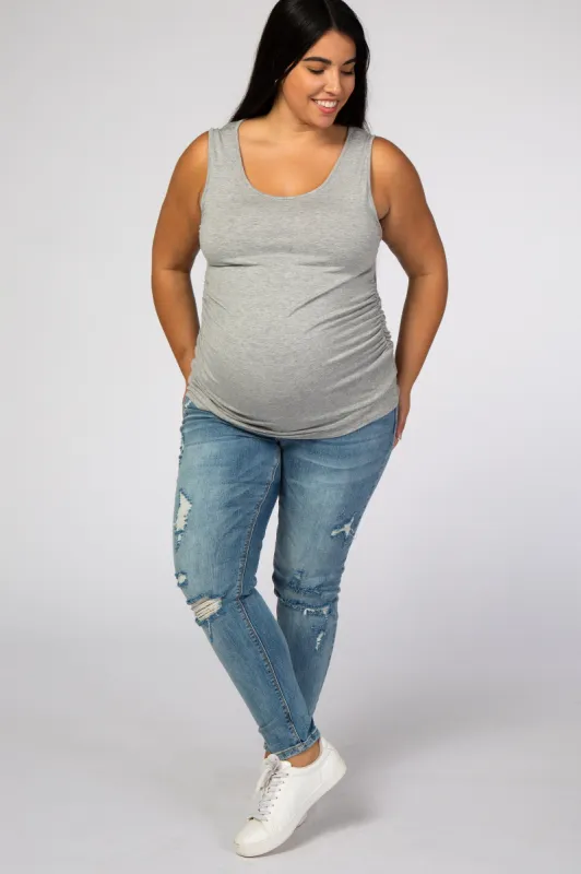 Blue Distressed Skinny Maternity Plus Jeans sold by Pinkblush