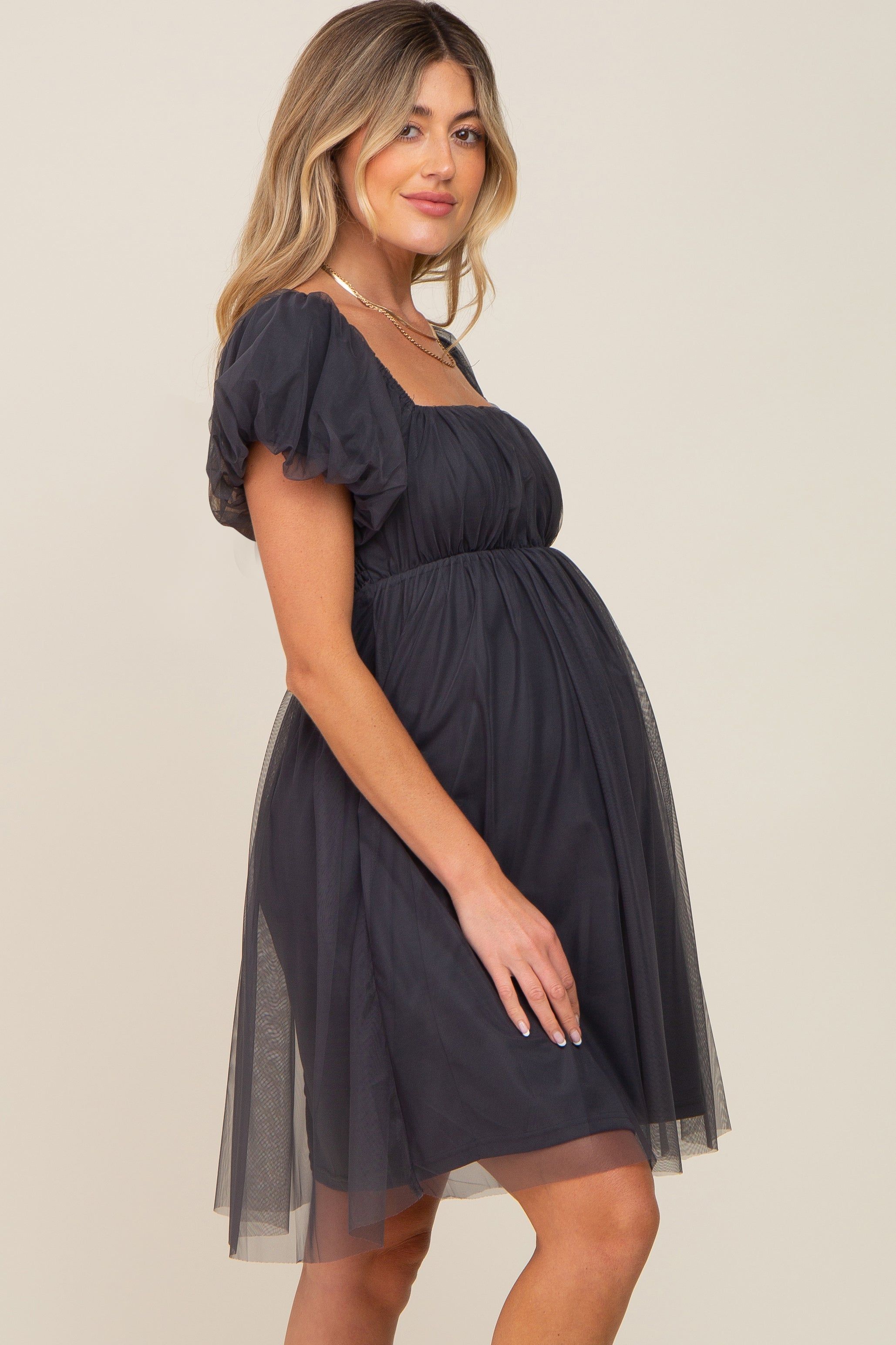 Charcoal Tulle Puff Sleeve Maternity Dress sold by Pinkblush product image thumbnail 3