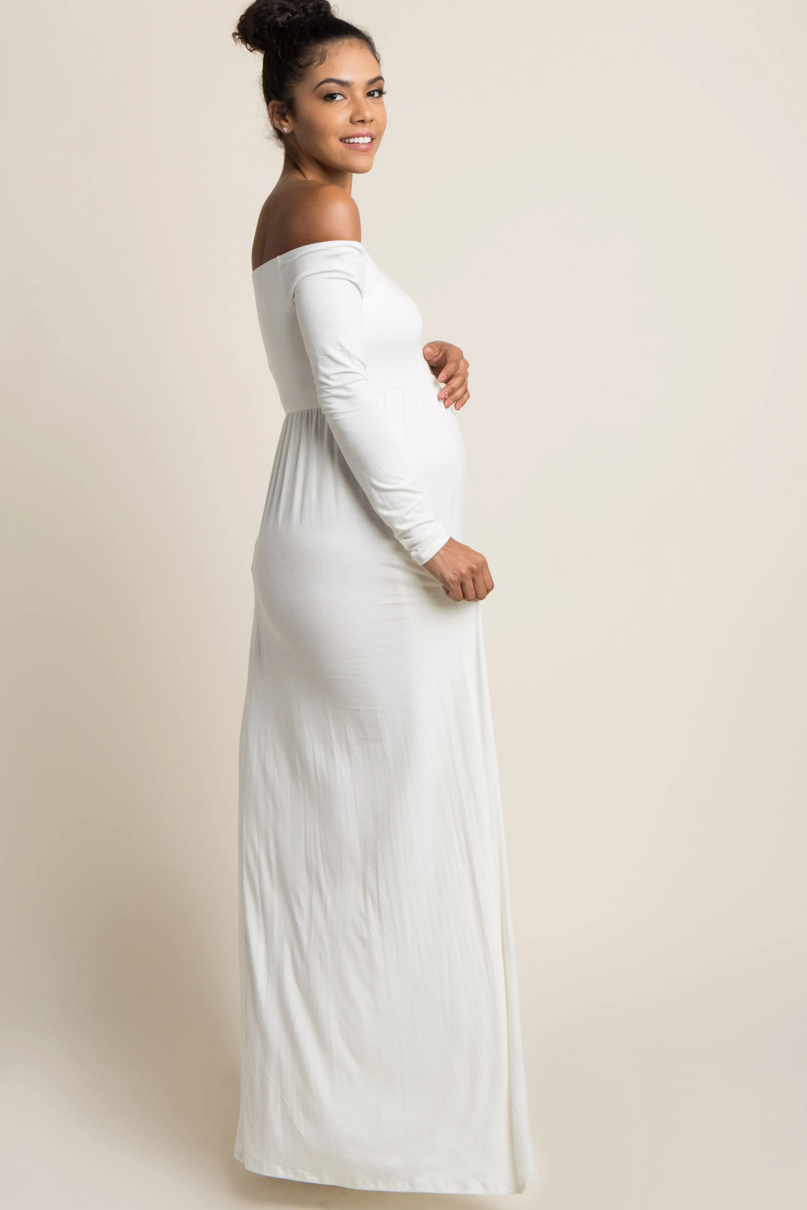 PinkBlush Petite Ivory Solid Off Shoulder Maternity Maxi Dress sold by Pinkblush product image thumbnail 3