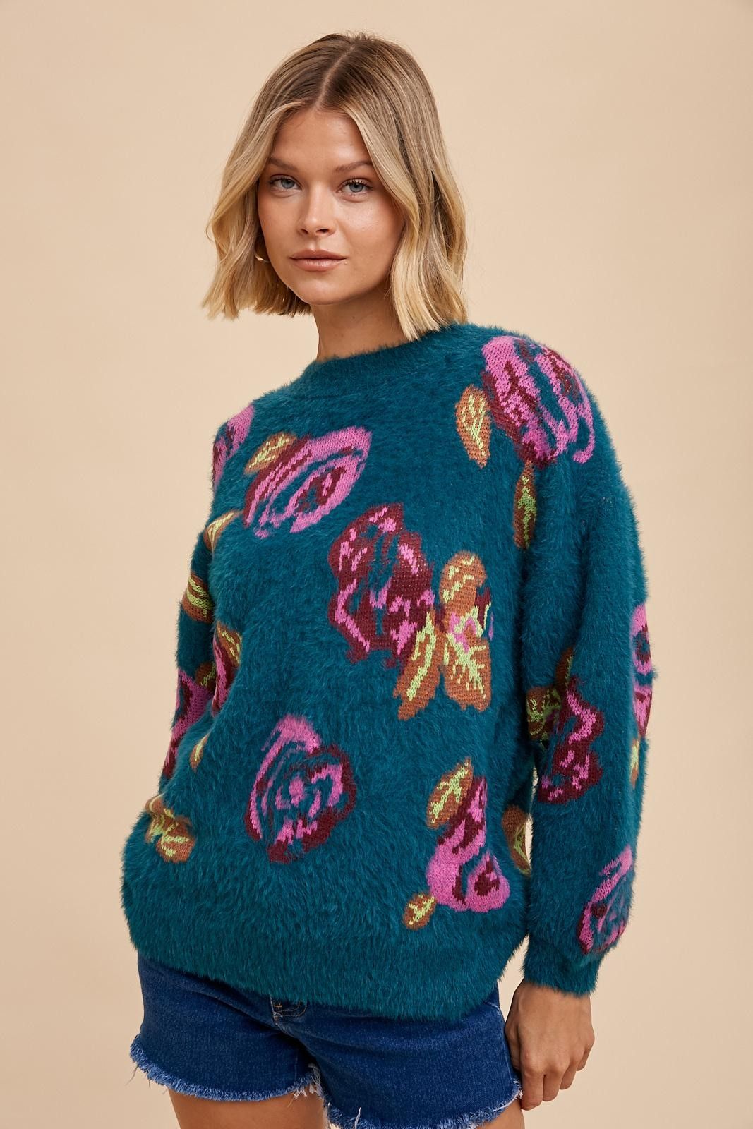 Dark Teal Floral Fuzzy Knit Sweater sold by Pinkblush product image thumbnail 2