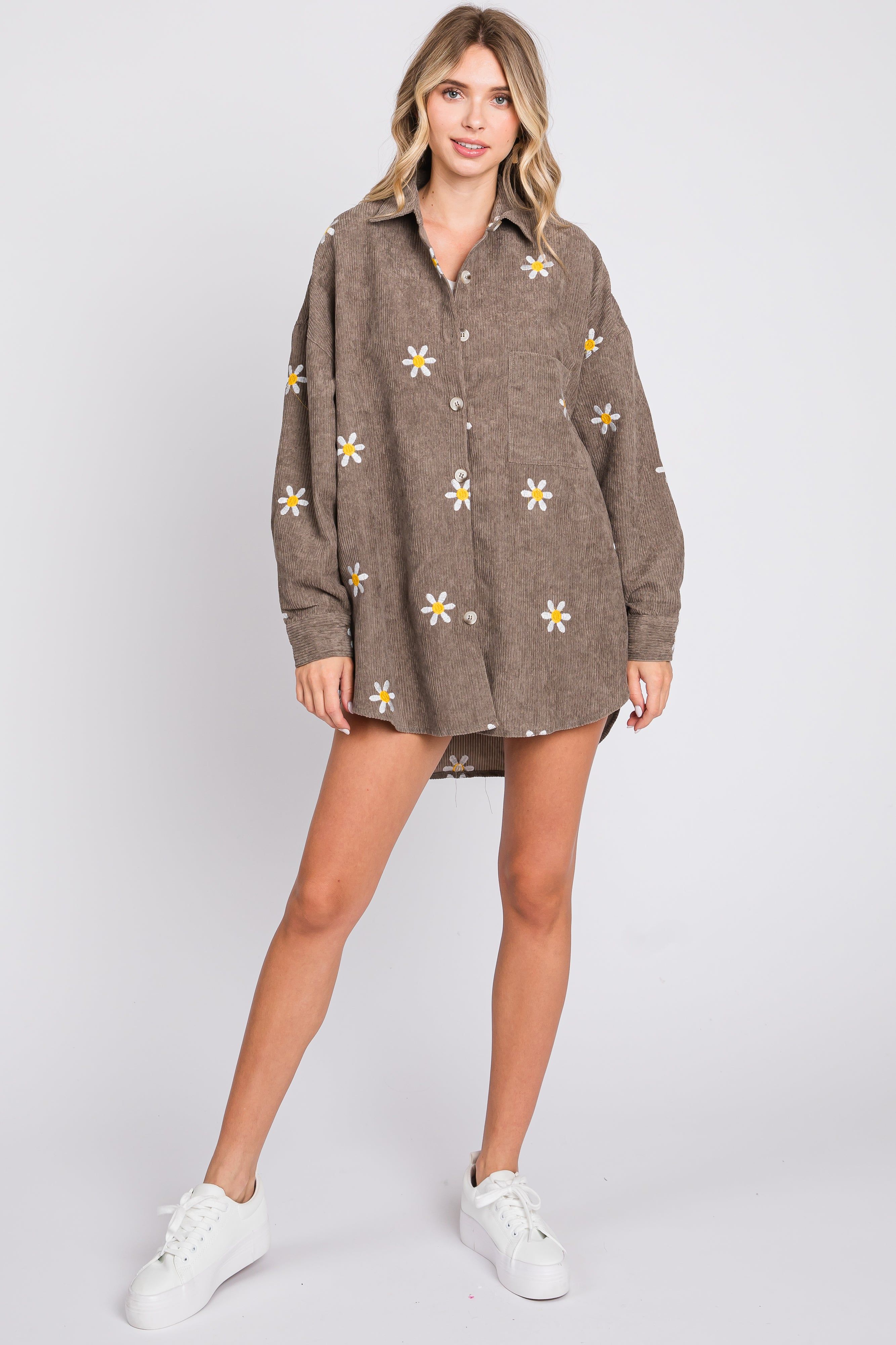 Mocha Corduroy Floral Button Front Collared Top sold by Pinkblush product image thumbnail 2