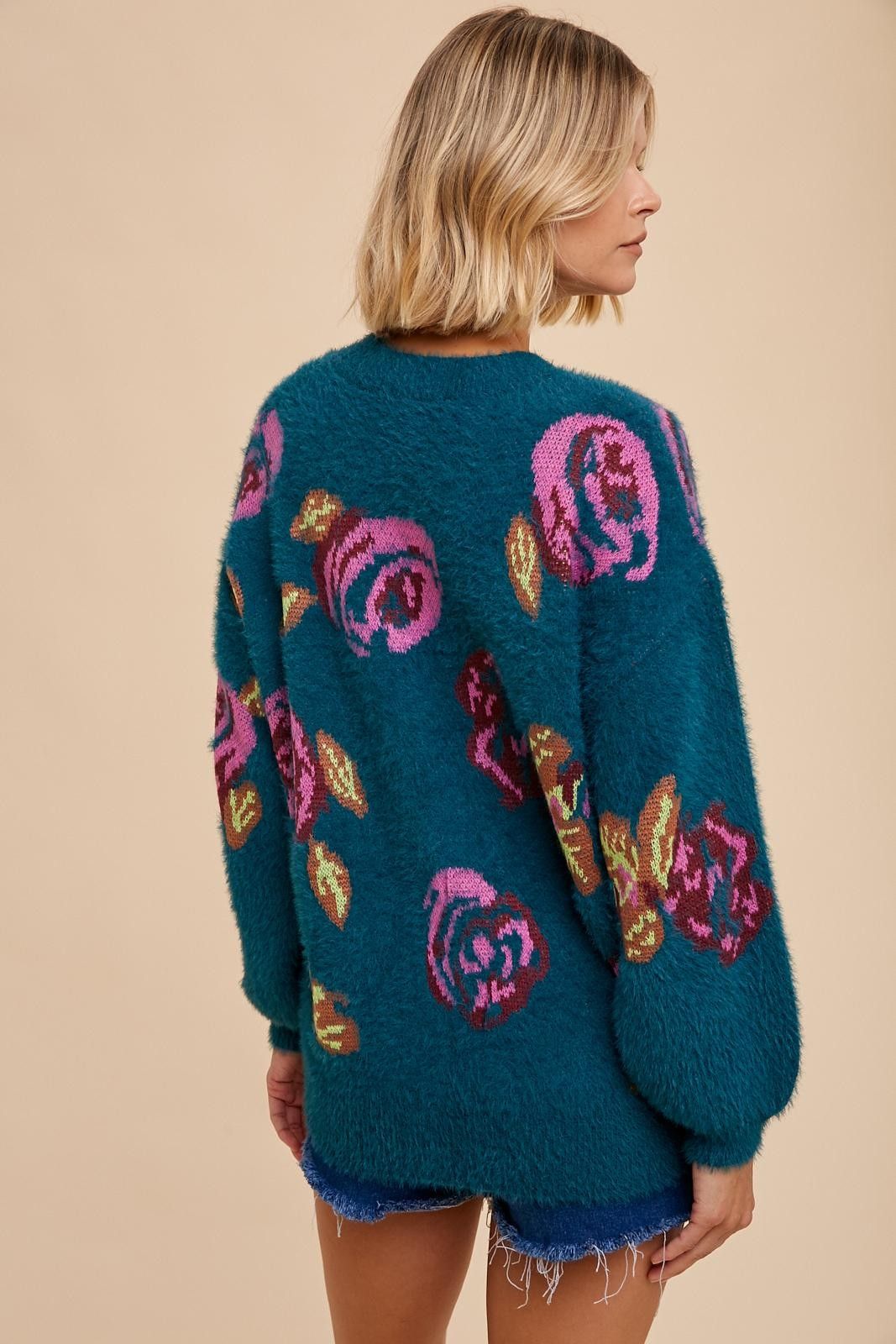 Dark Teal Floral Fuzzy Knit Sweater sold by Pinkblush product image thumbnail 3