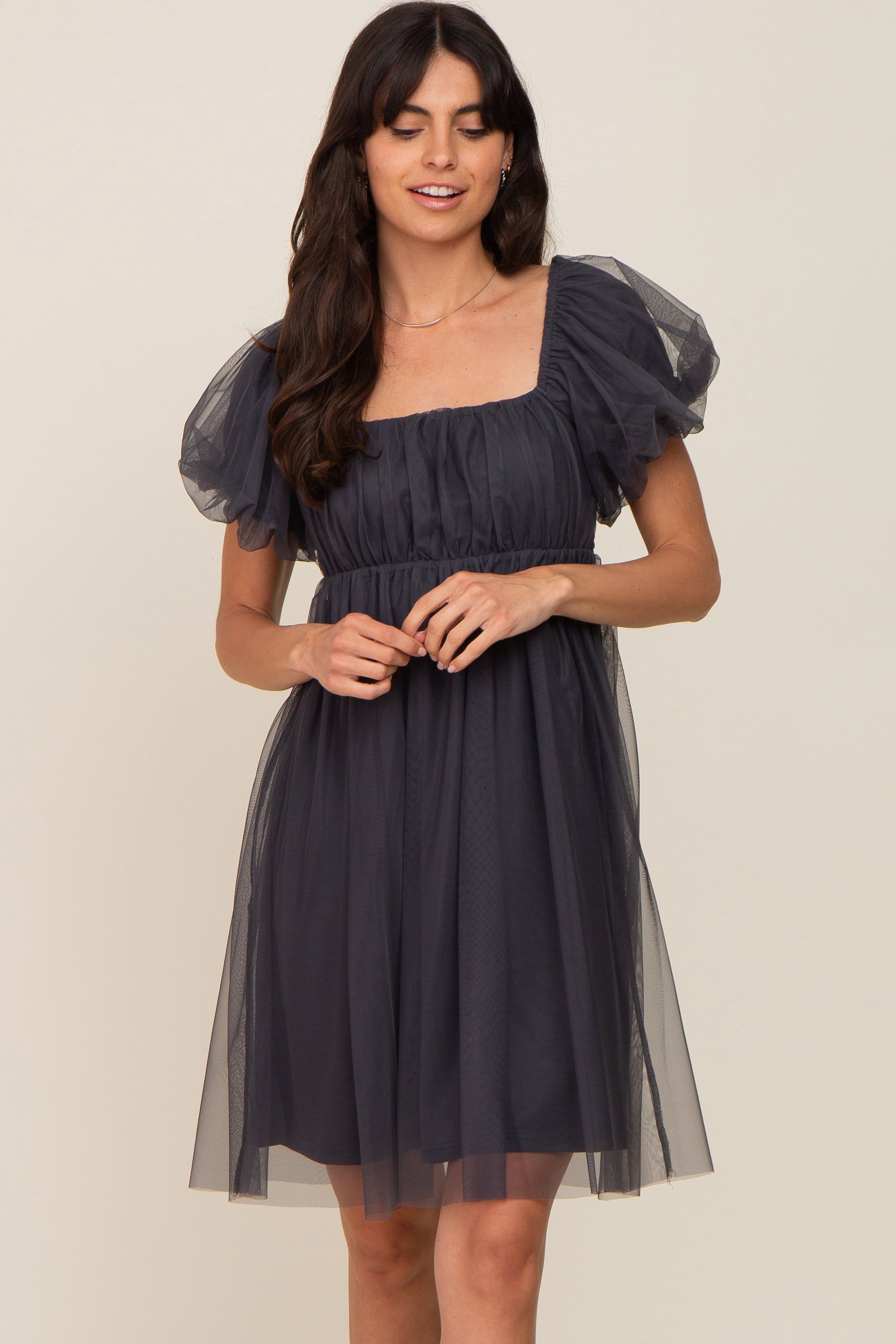Charcoal Tulle Puff Sleeve Maternity Dress sold by Pinkblush product image thumbnail 5