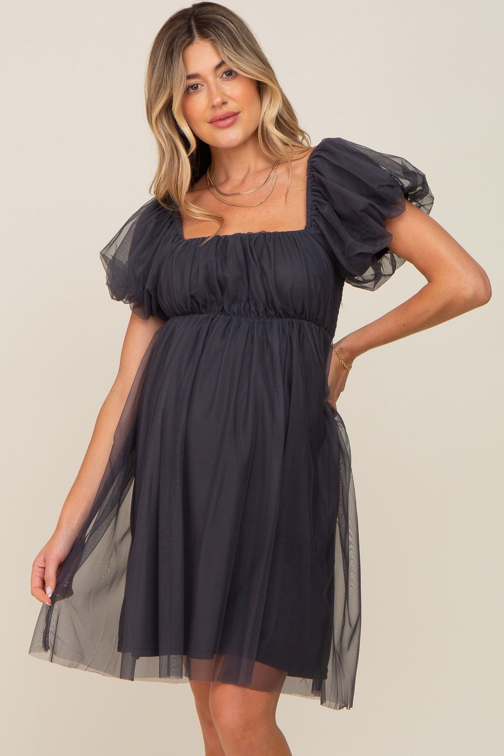 Charcoal Tulle Puff Sleeve Maternity Dress sold by Pinkblush product image thumbnail 2