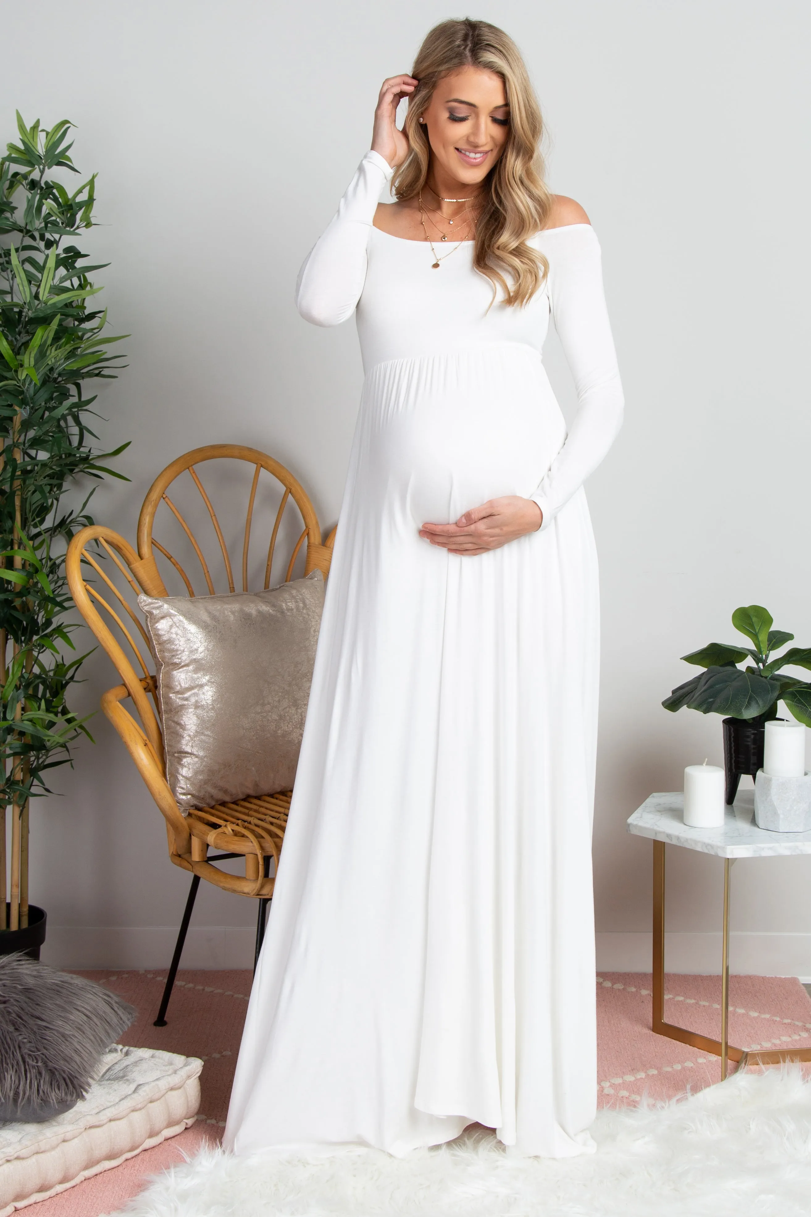 PinkBlush Petite Ivory Solid Off Shoulder Maternity Maxi Dress sold by Pinkblush product image thumbnail 5