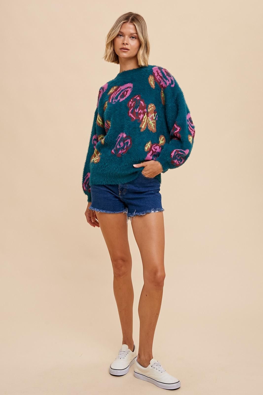 Dark Teal Floral Fuzzy Knit Sweater sold by Pinkblush product image thumbnail 4