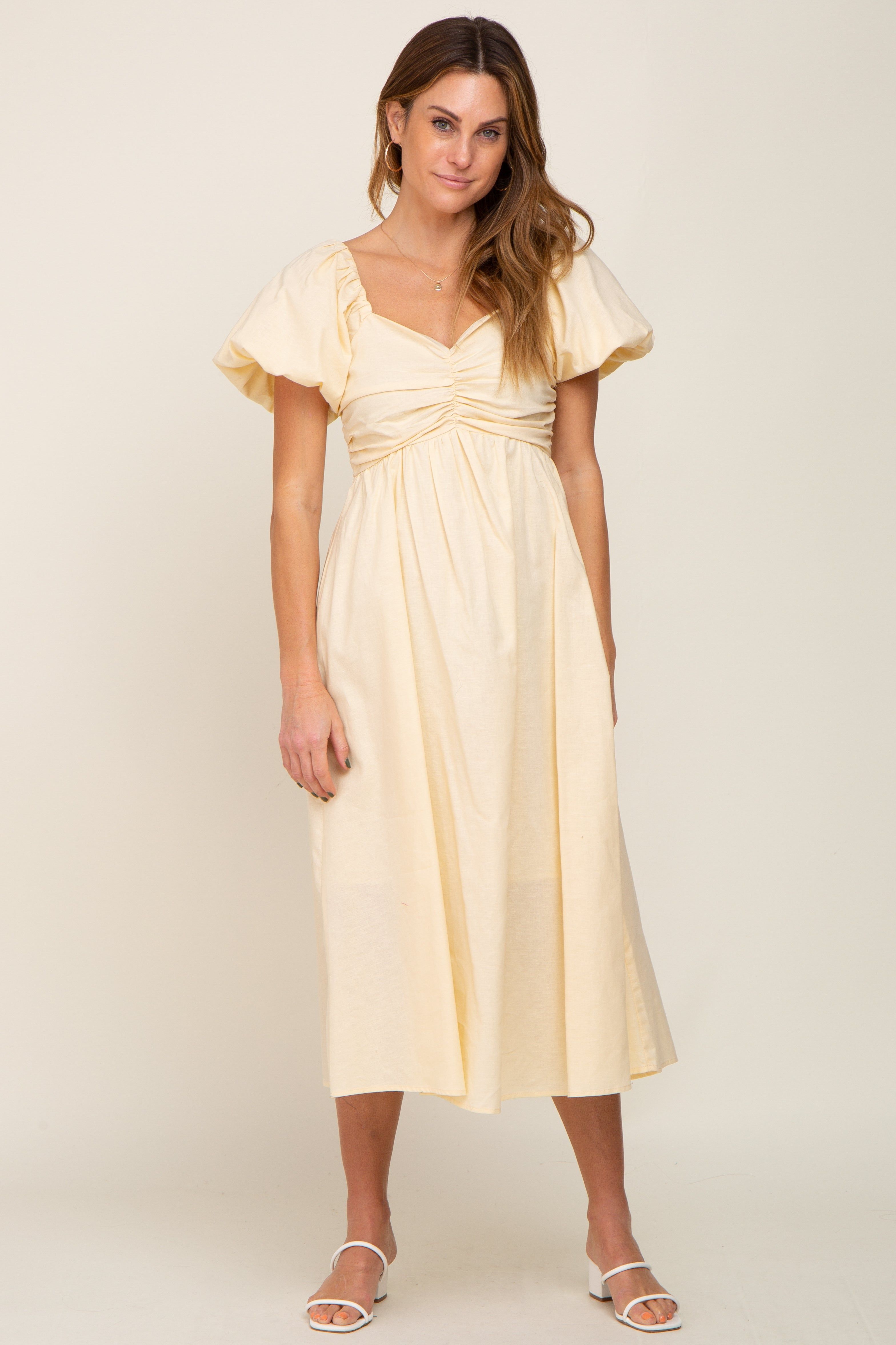 Yellow Sweetheart Neck Puff Sleeve Linen Maternity Midi Dress sold by Pinkblush product image thumbnail 5